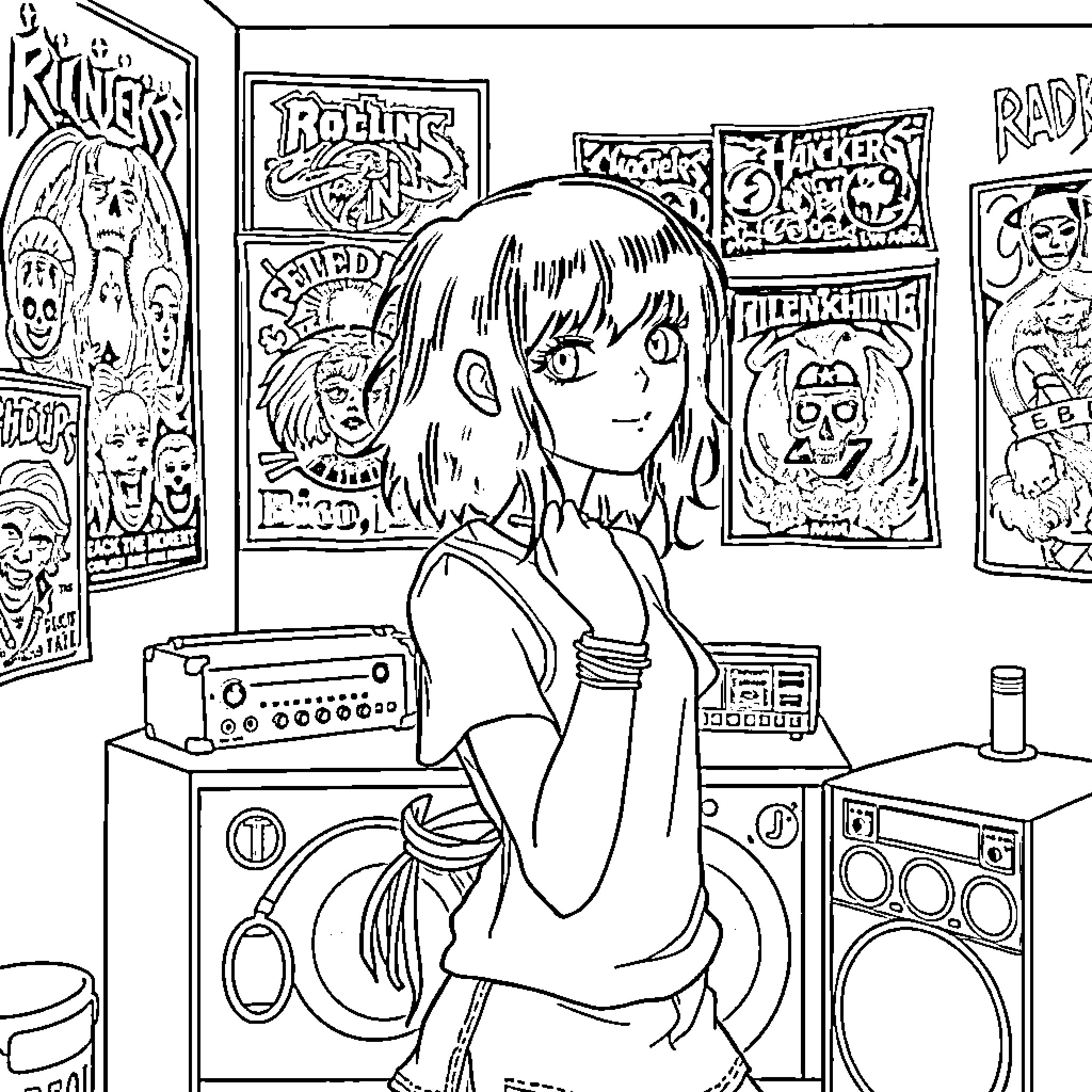 Emo Girl Enjoying Music in Retro Room Coloring Page (free black-and-white line drawing printable PDF for all, from beginners to advanced learners, including children, teens, adults, and seniors)