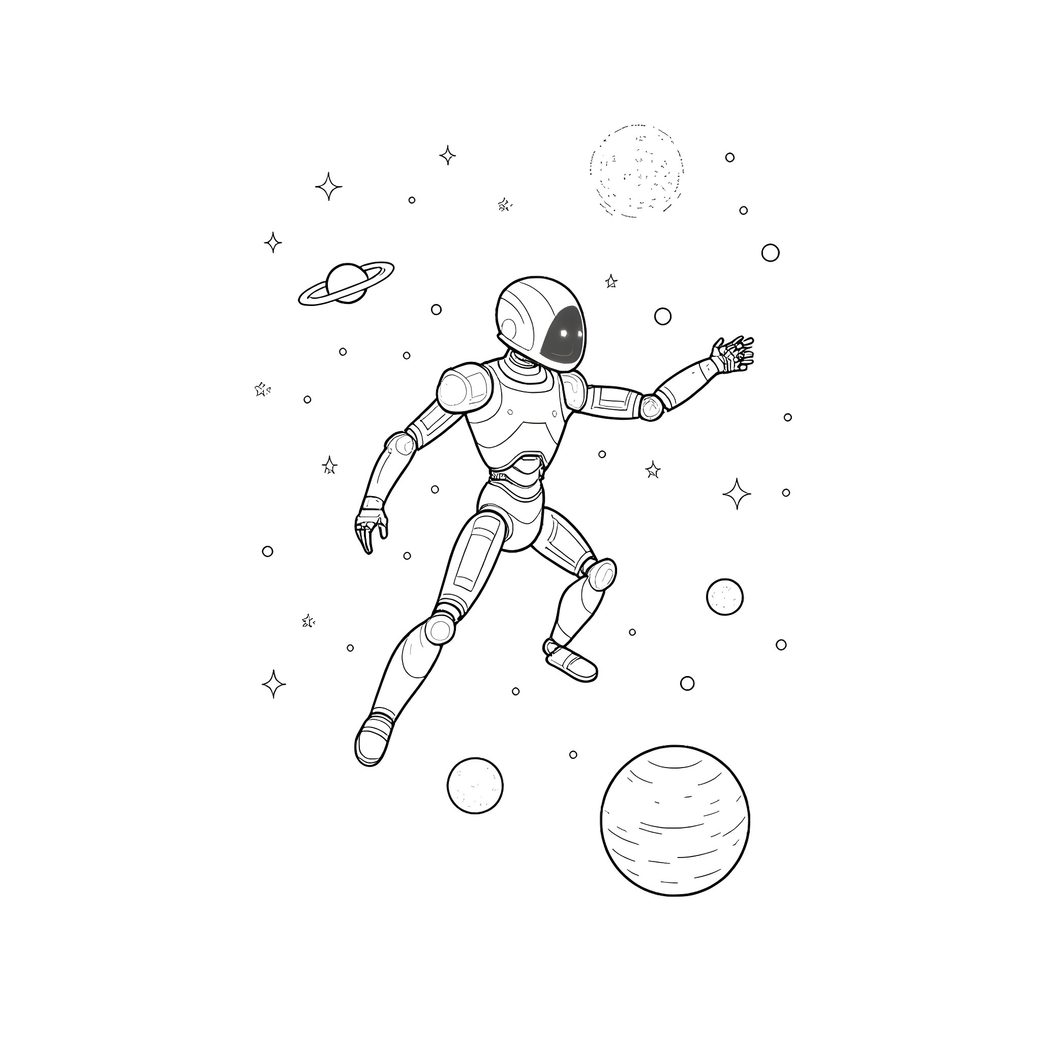 TARS floating in the cosmic void Coloring Page (free black-and-white line drawing printable PDF for all, from beginners to advanced learners, including children, teens, adults, and seniors)