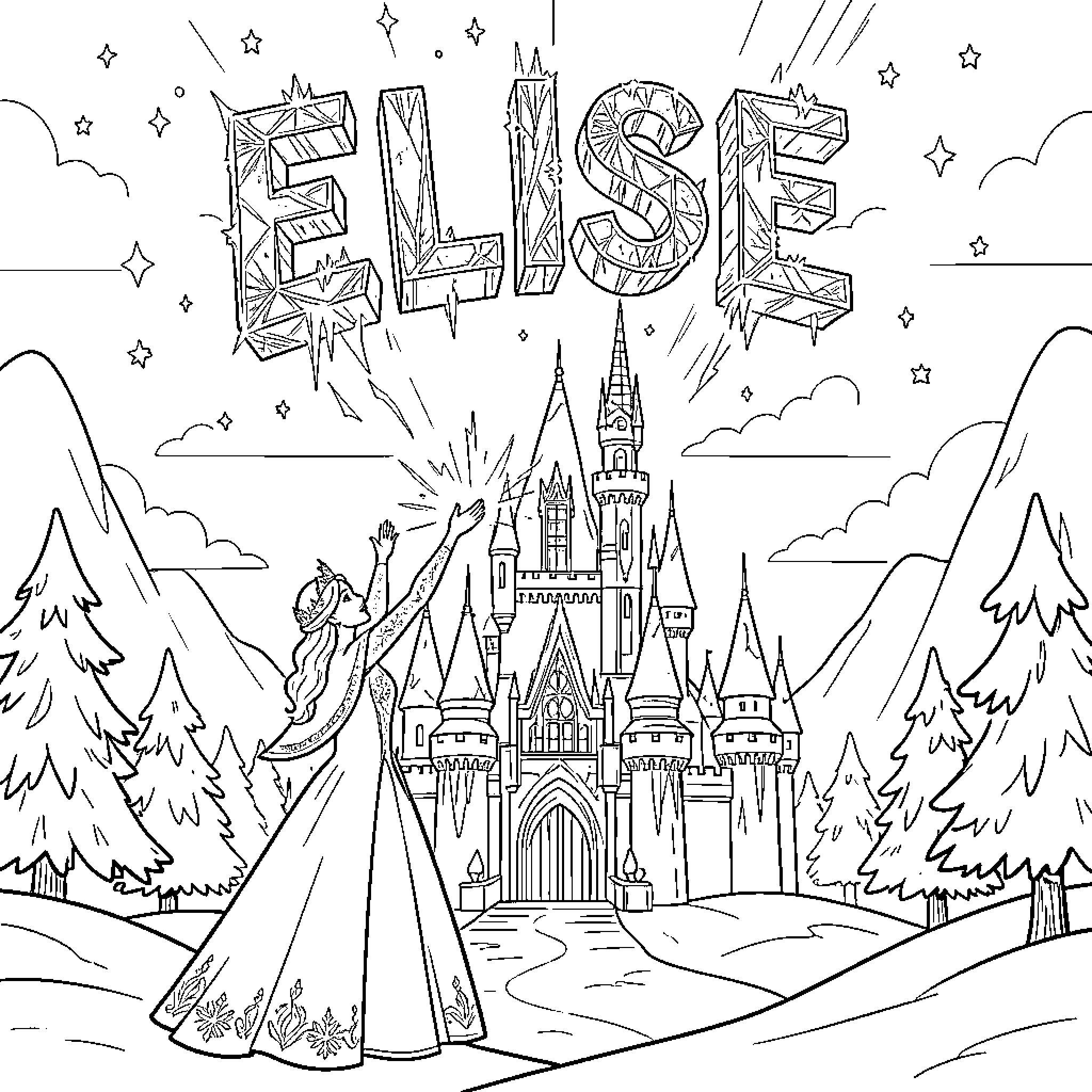 Queen reaching towards a magical sparkling name in sky Coloring Page (free black-and-white line drawing printable PDF for all, from beginners to advanced learners, including children, teens, adults, and seniors)