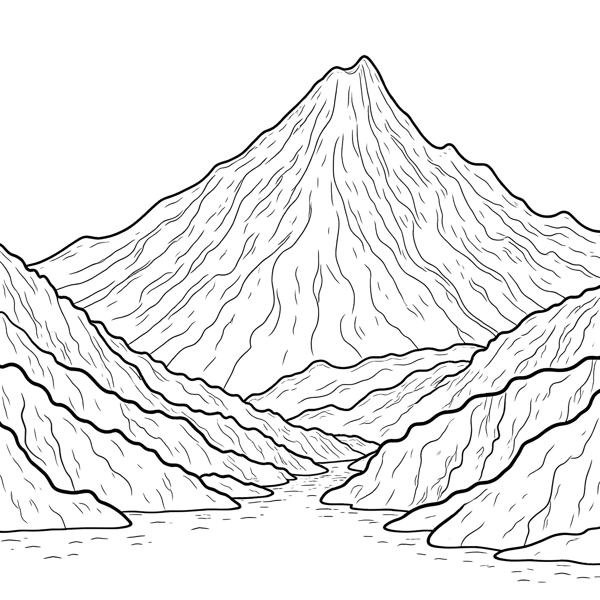 Mountain Landscape with Flowing Waters Coloring Page (free black-and-white line drawing printable PDF for all, from beginners to advanced learners, including children, teens, adults, and seniors)