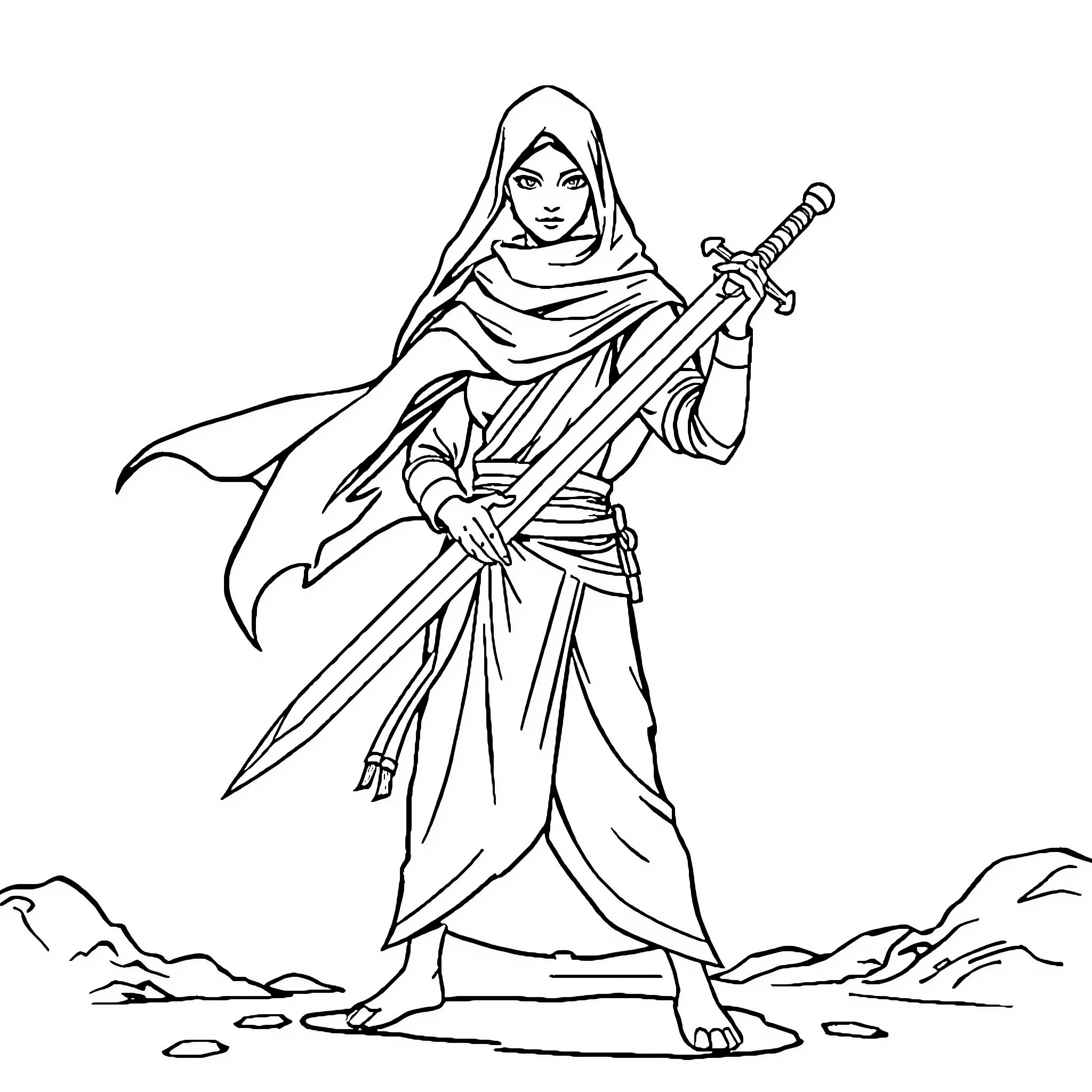 Rumi, the Warrior with Sword and Cloak Coloring Page (free black-and-white line drawing printable PDF for all, from beginners to advanced learners, including children, teens, adults, and seniors)