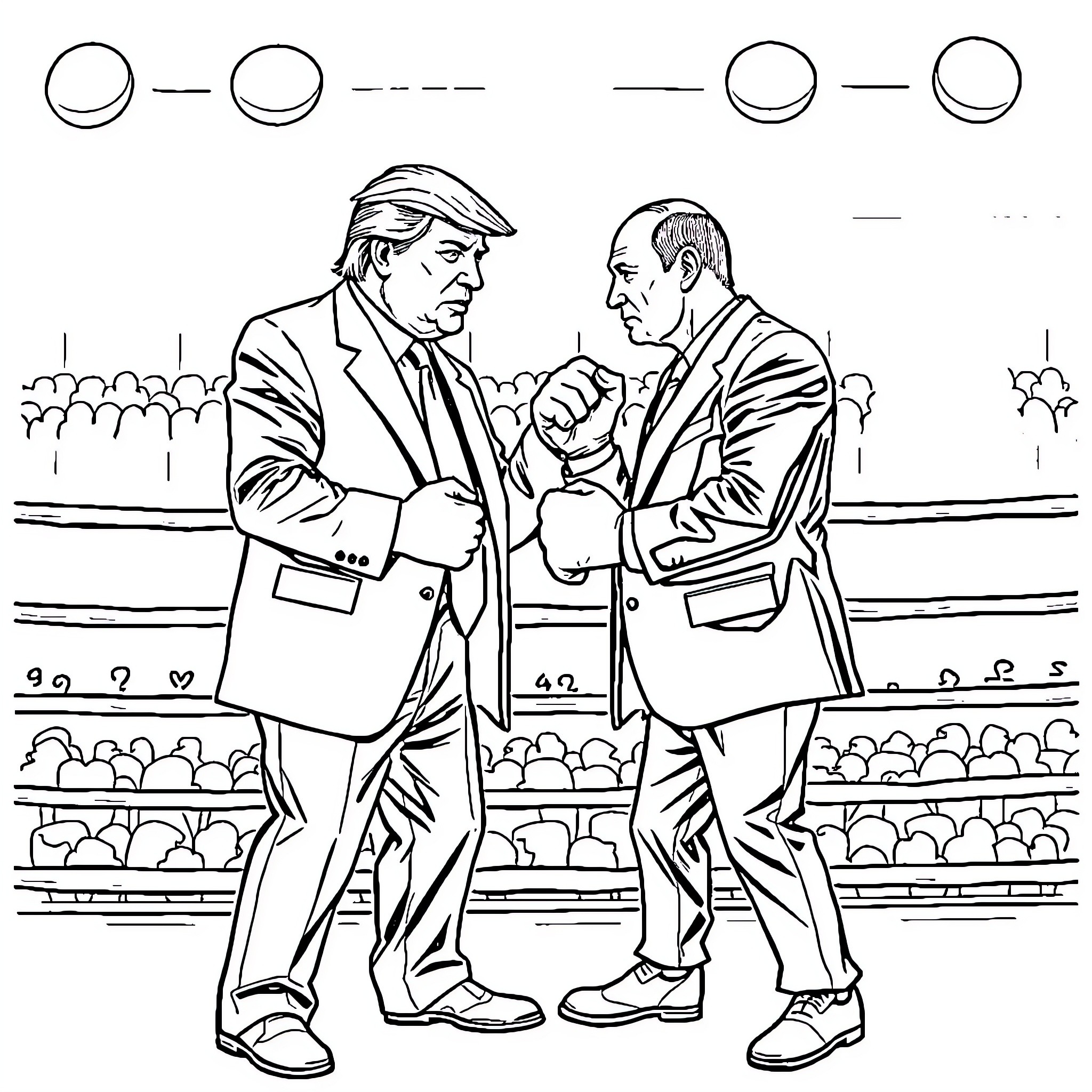 Donald Trump and associate conversing at political event Coloring Page (free black-and-white line drawing printable PDF for all, from beginners to advanced learners, including children, teens, adults, and seniors)