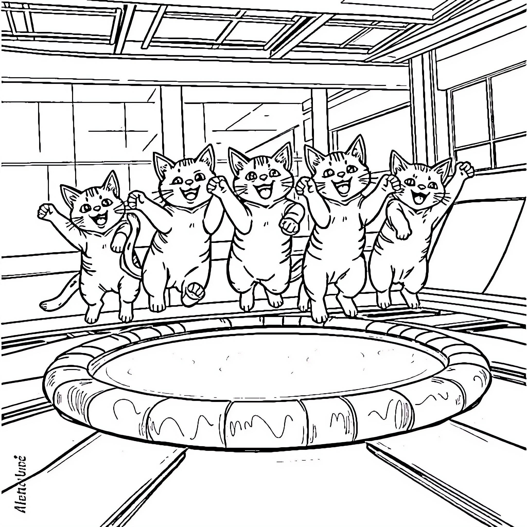 Cat group posing in the playroom Coloring Page (free black-and-white line drawing printable PDF for all, from beginners to advanced learners, including children, teens, adults, and seniors)