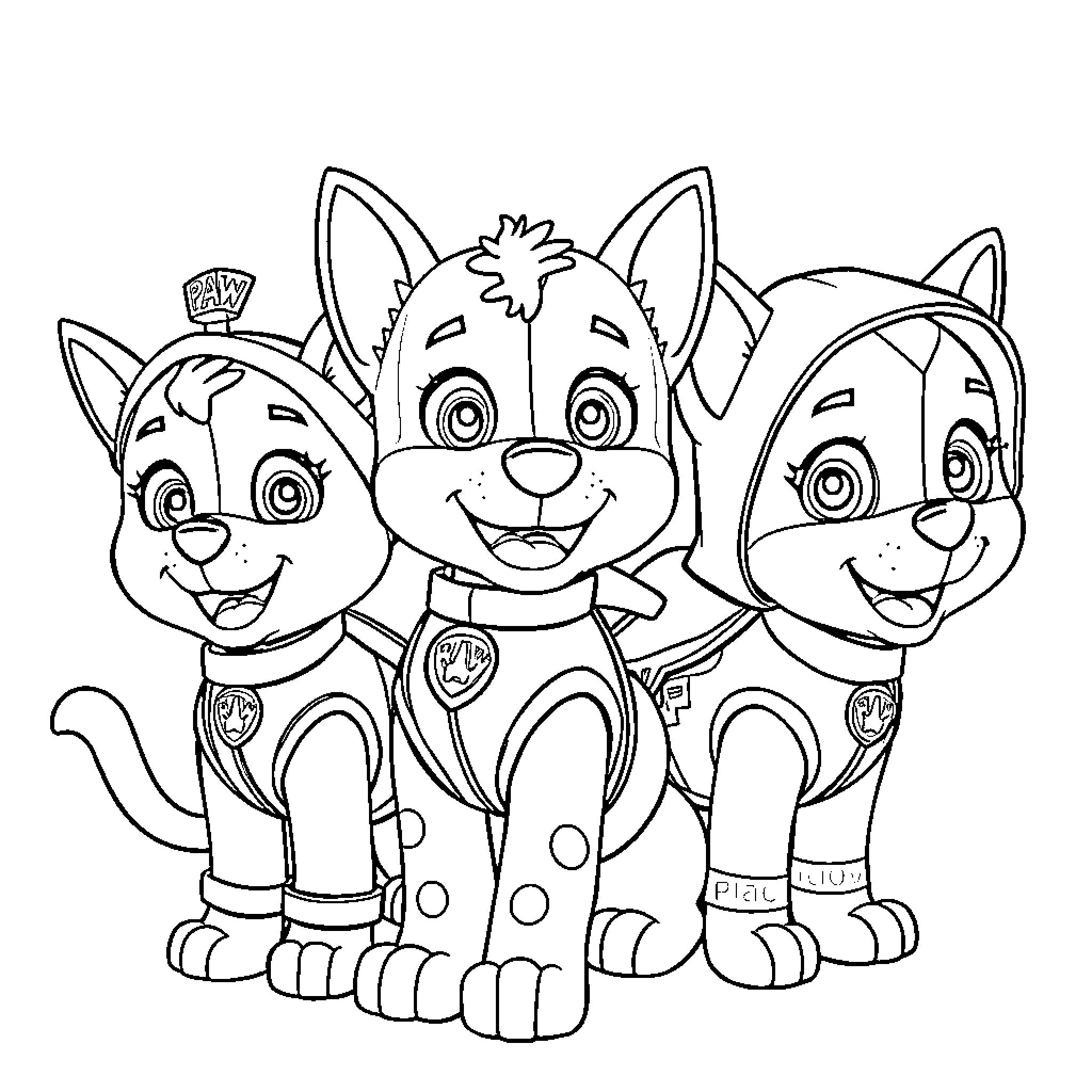 Pup Patrol Pals in Costume Coloring Page (free black-and-white line drawing printable PDF for all, from beginners to advanced learners, including children, teens, adults, and seniors)