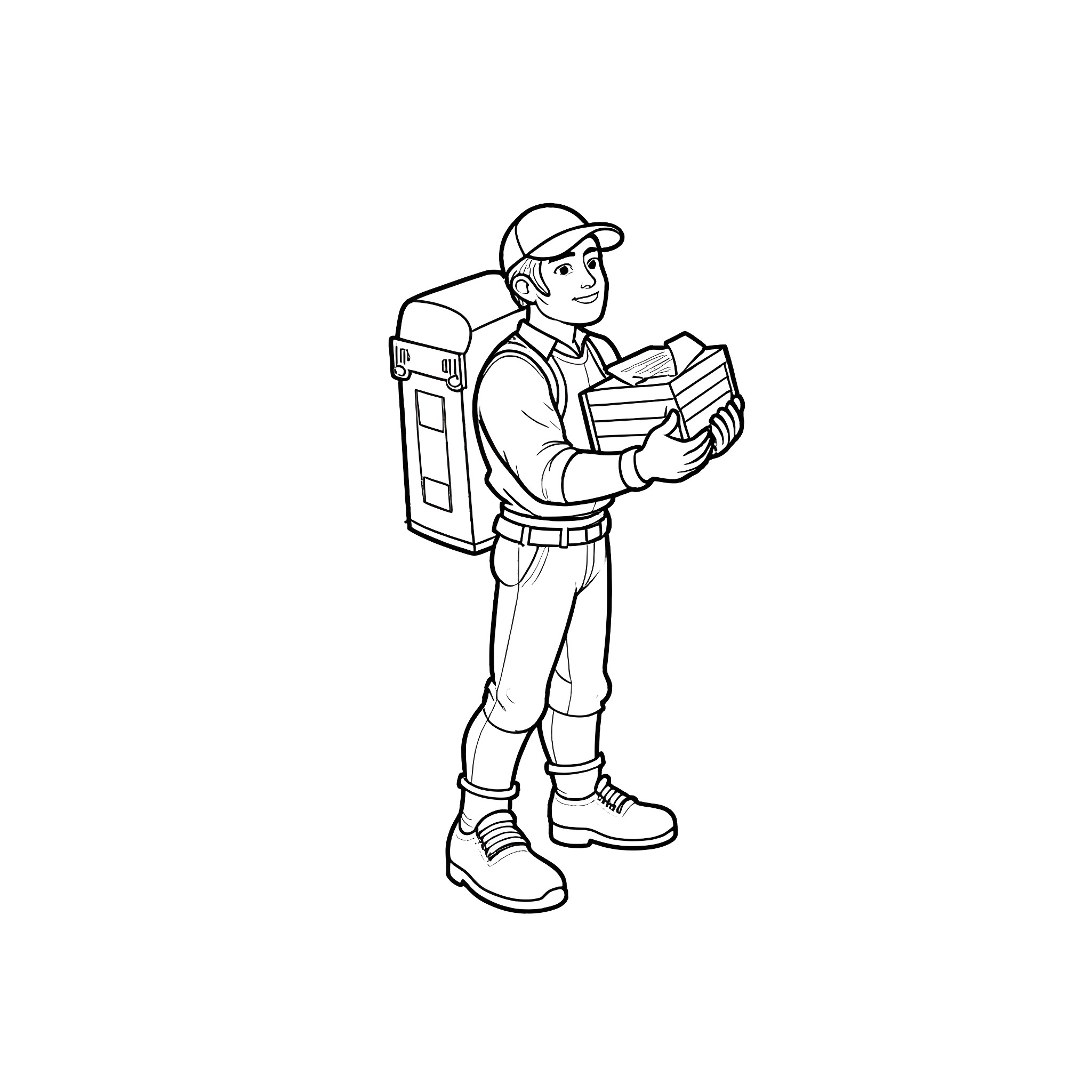 Mailman delivering packages with care Coloring Page (free black-and-white line drawing printable PDF for all, from beginners to advanced learners, including children, teens, adults, and seniors)
