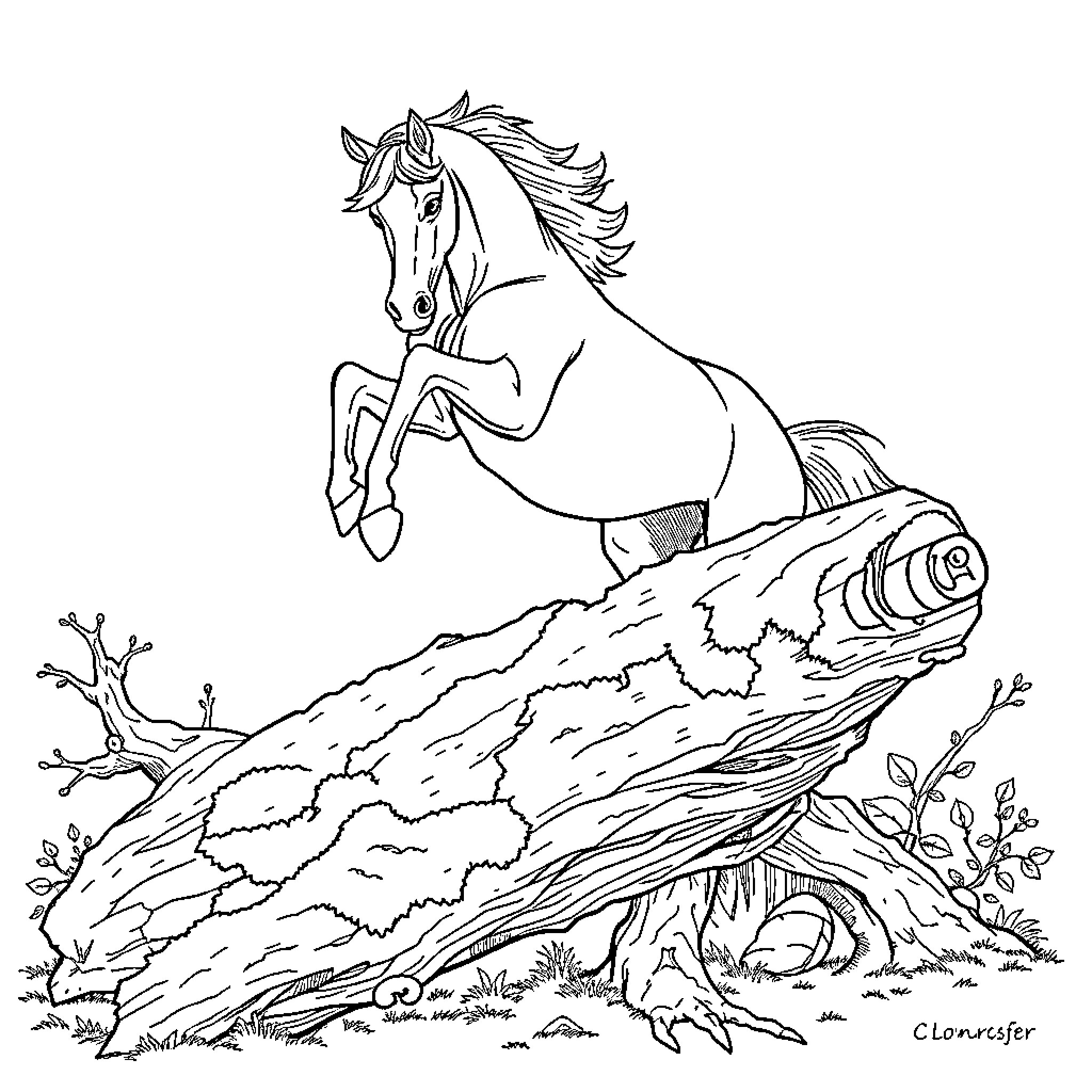 Horse Leaping Over Fallen Tree Trunk Coloring Page (free black-and-white line drawing printable PDF for all, from beginners to advanced learners, including children, teens, adults, and seniors)