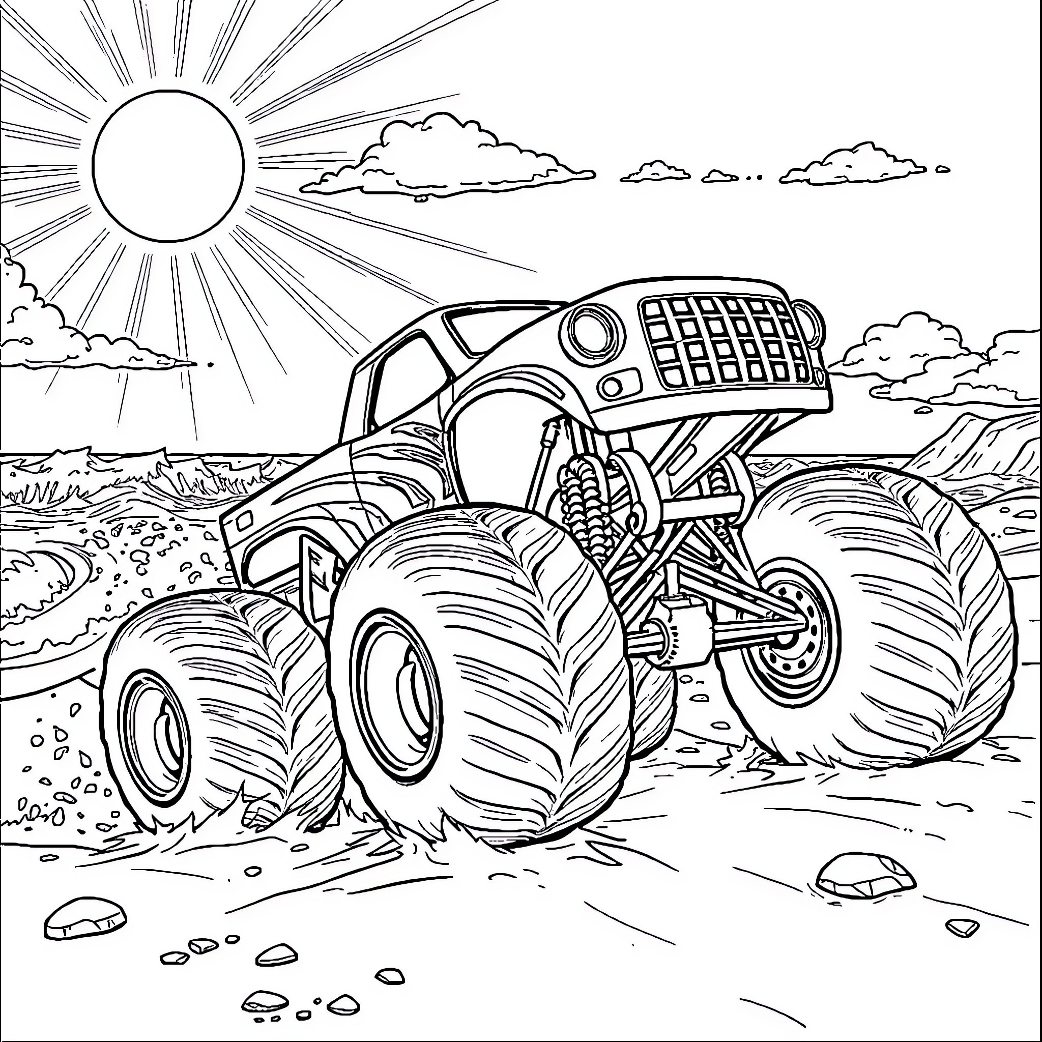 Monster truck crushing through rocky terrain Coloring Page (free black-and-white line drawing printable PDF for all, from beginners to advanced learners, including children, teens, adults, and seniors)