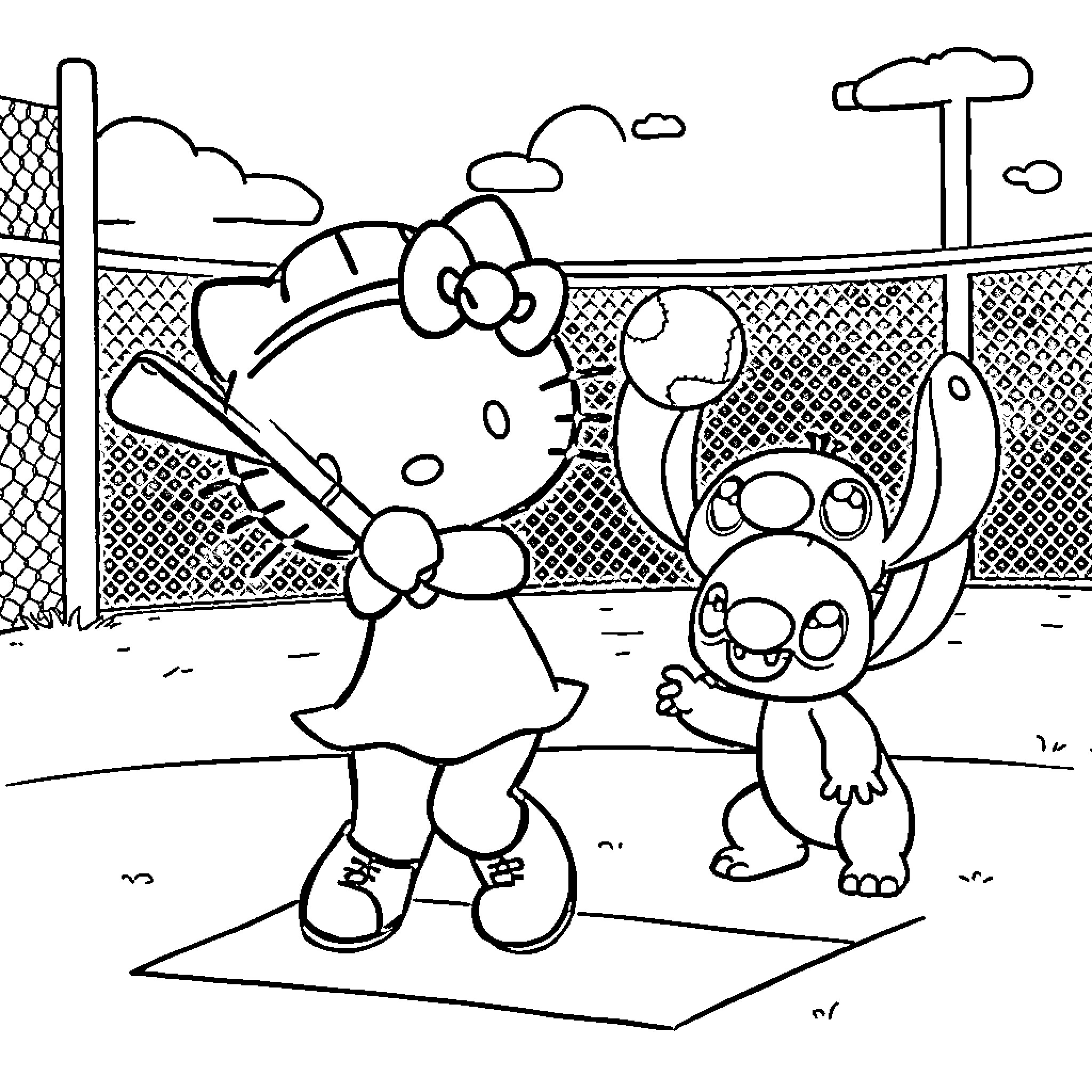 Hello Kitty Playing with Puppy at the Park Coloring Page (free black-and-white line drawing printable PDF for all, from beginners to advanced learners, including children, teens, adults, and seniors)
