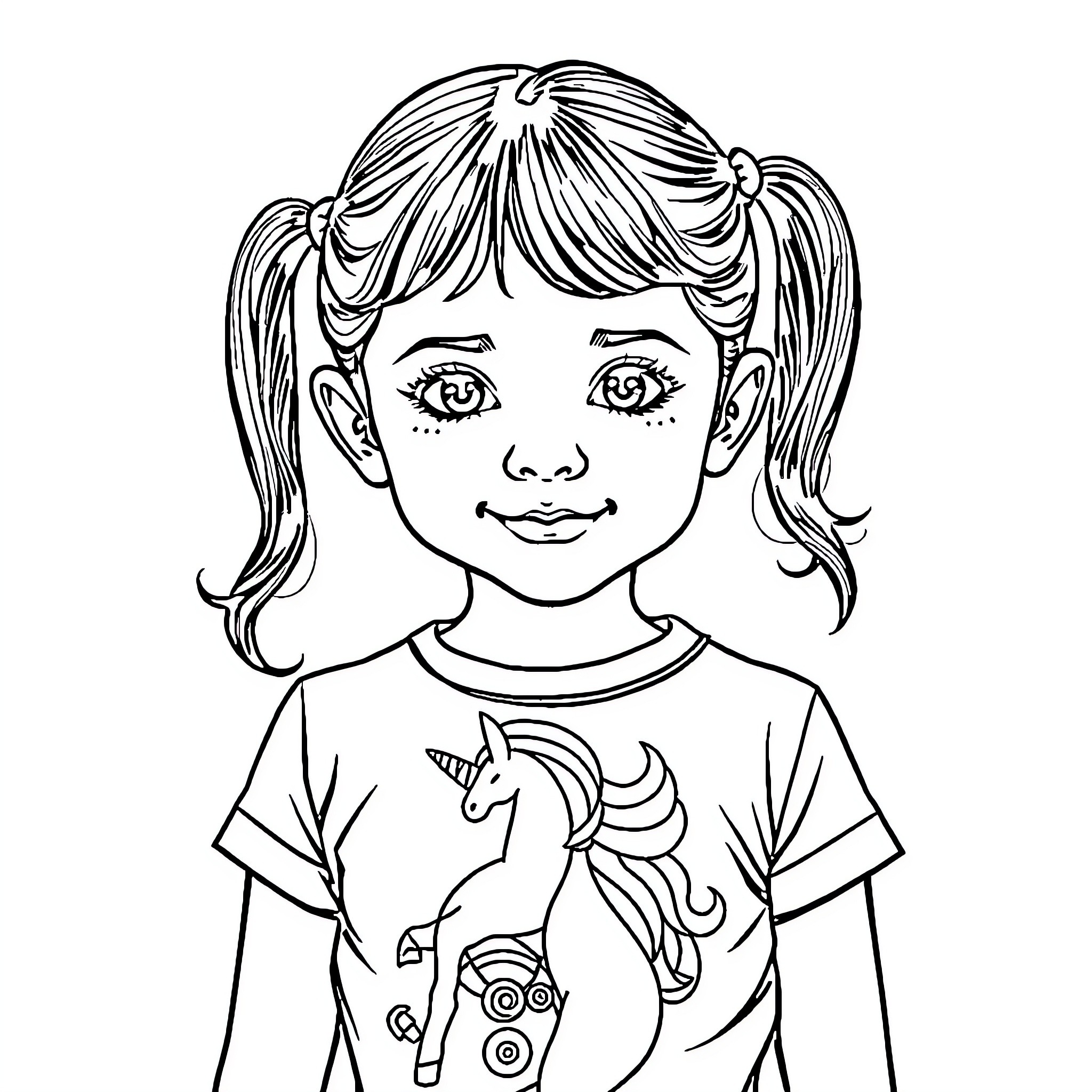 Girl with Unicorn Shirt Smiling Coloring Page (free black-and-white line drawing printable PDF for all, from beginners to advanced learners, including children, teens, adults, and seniors)