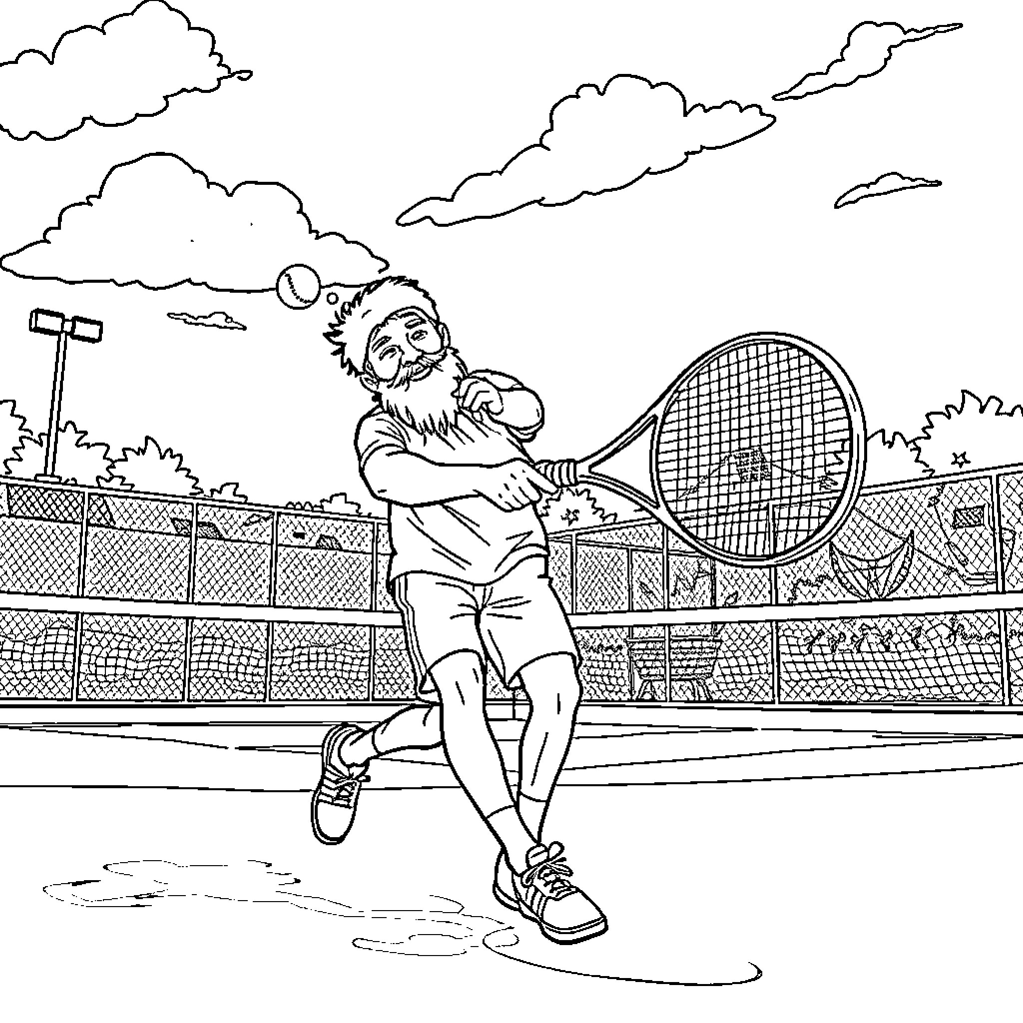 Kastaar's Sporting Adventure on the Tennis Court Coloring Page (free black-and-white line drawing printable PDF for all, from beginners to advanced learners, including children, teens, adults, and seniors)