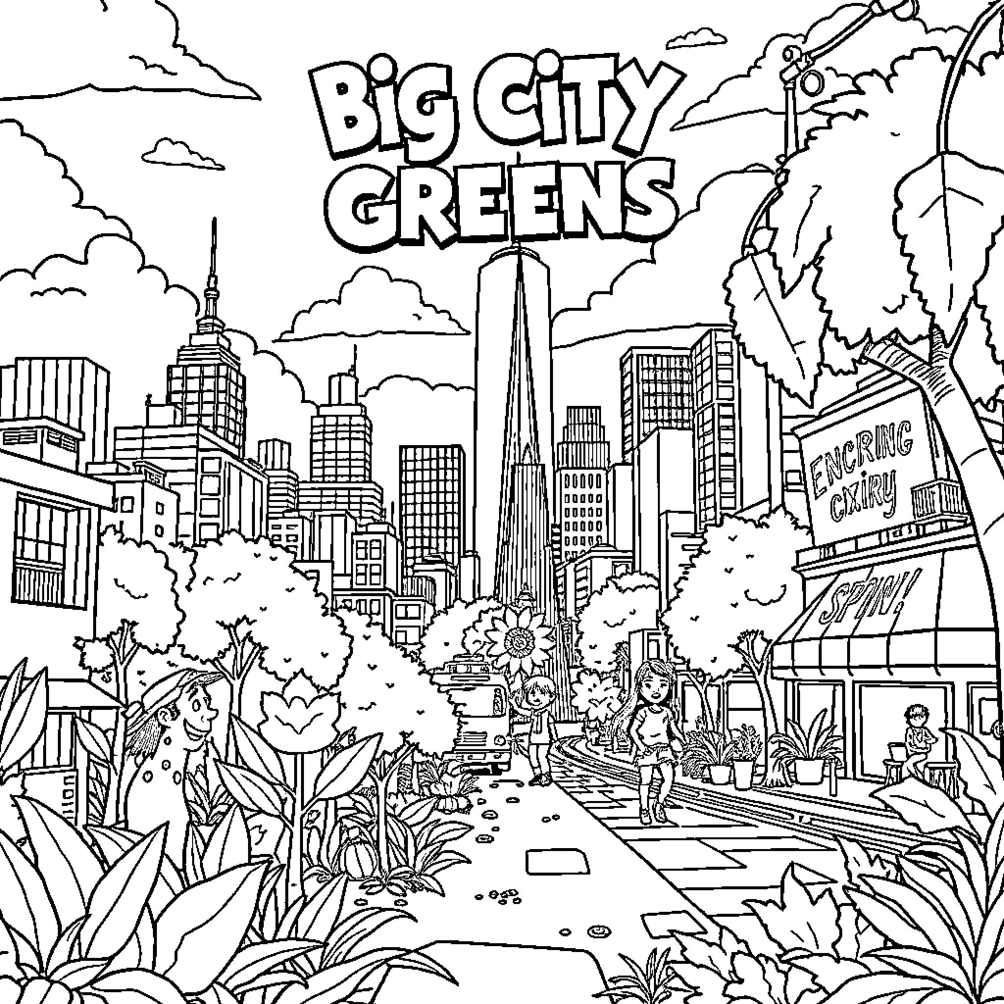 City scene with nature and community activities Coloring Page (free black-and-white line drawing printable PDF for all, from beginners to advanced learners, including children, teens, adults, and seniors)