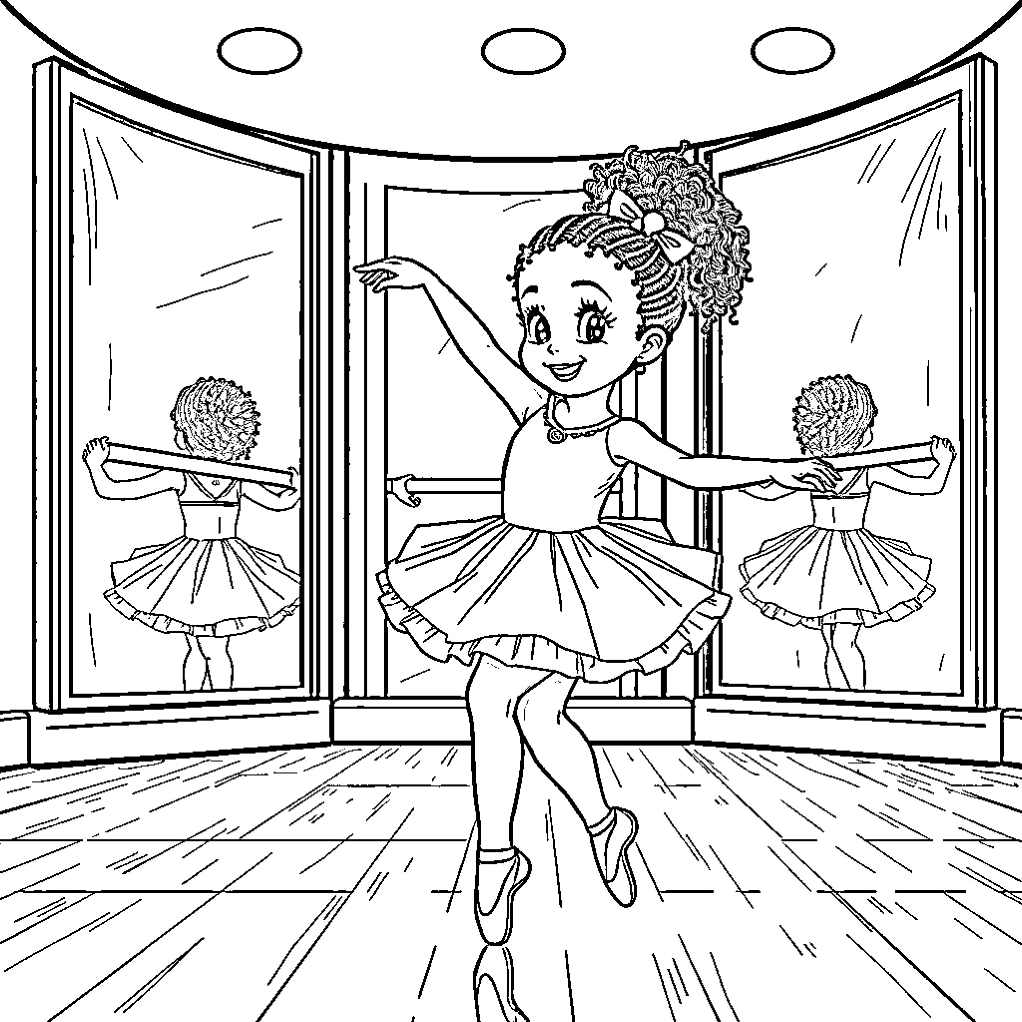 Girl dancing gracefully on stage with ballerinas Coloring Page (free black-and-white line drawing printable PDF for all, from beginners to advanced learners, including children, teens, adults, and seniors)