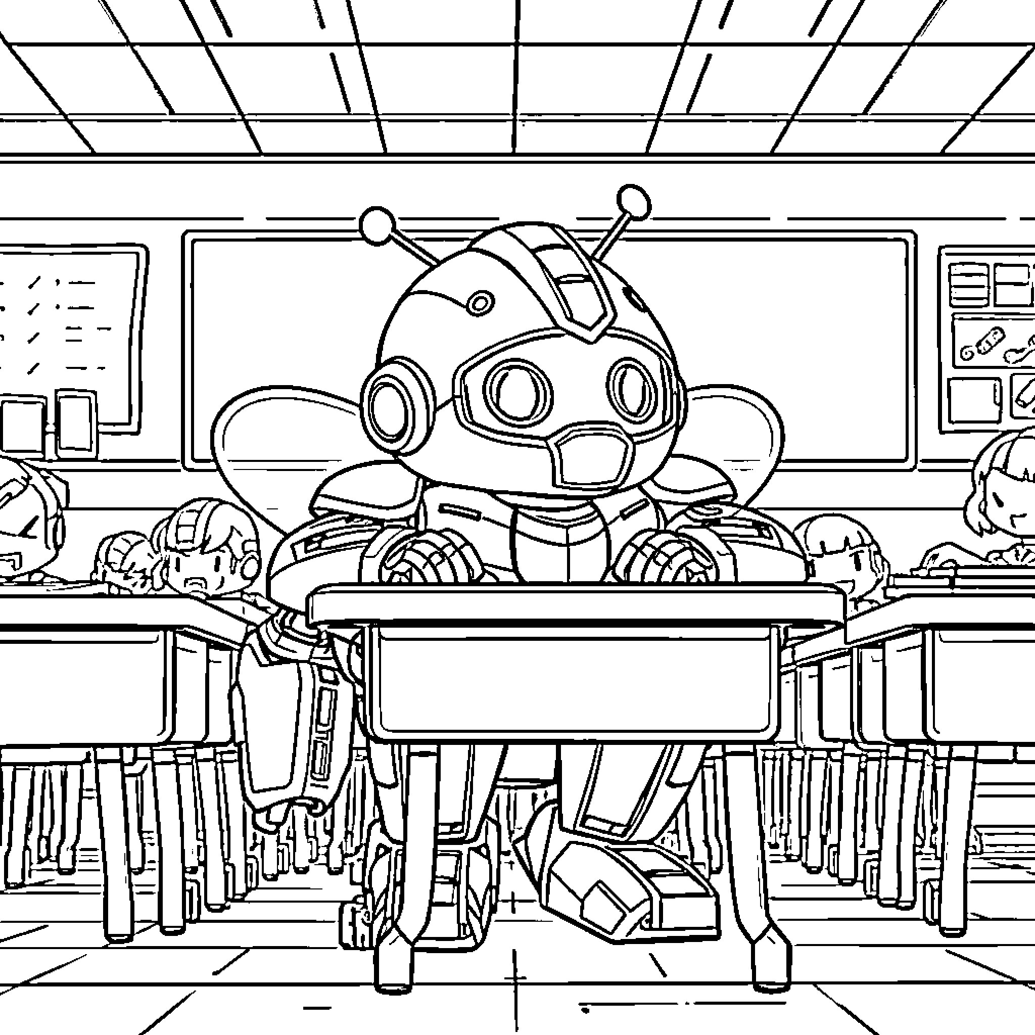 Bumblebee robot helping students in classroom Coloring Page (free black-and-white line drawing printable PDF for all, from beginners to advanced learners, including children, teens, adults, and seniors)