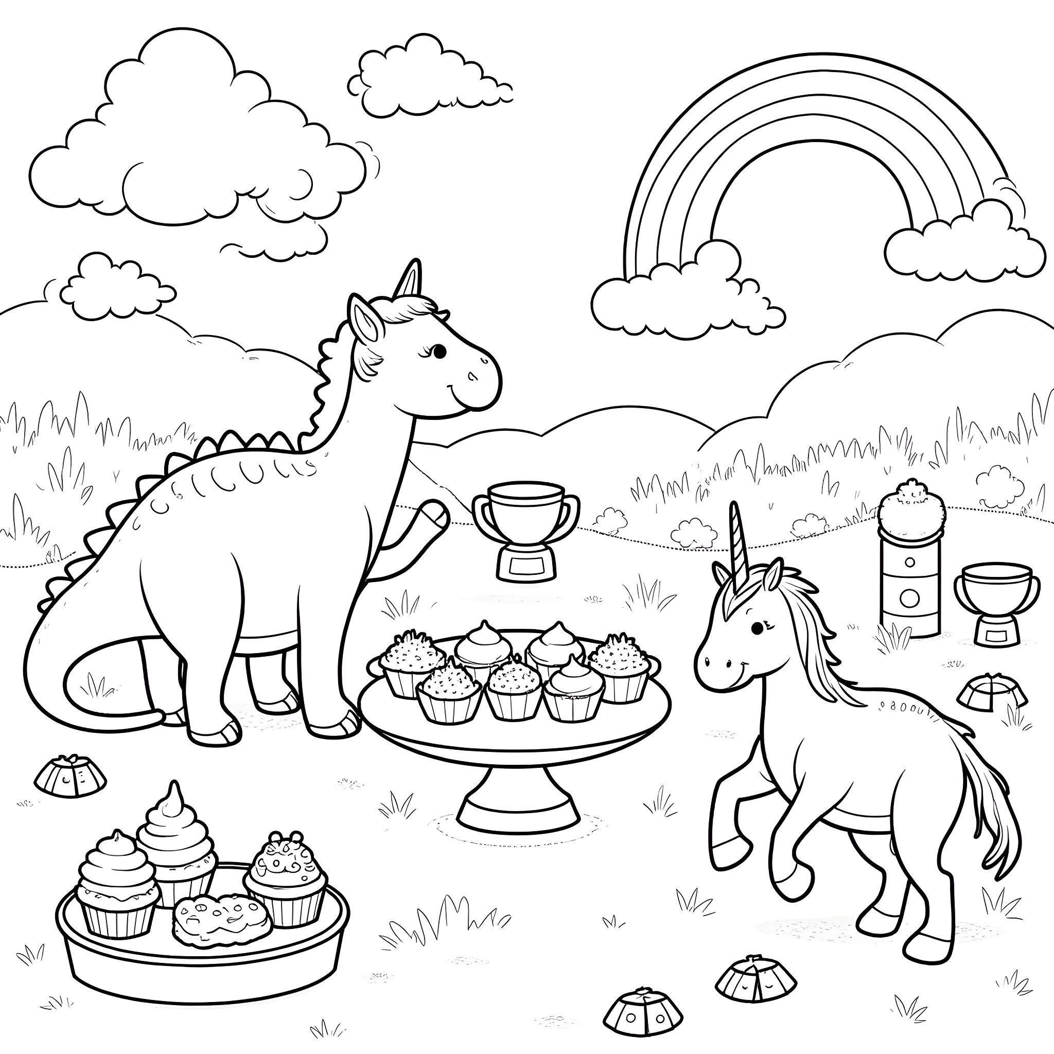 Dinosaur Unicorns Enjoying Sweets and Rainbow in the Park Coloring Page (free black-and-white line drawing printable PDF for all, from beginners to advanced learners, including children, teens, adults, and seniors)