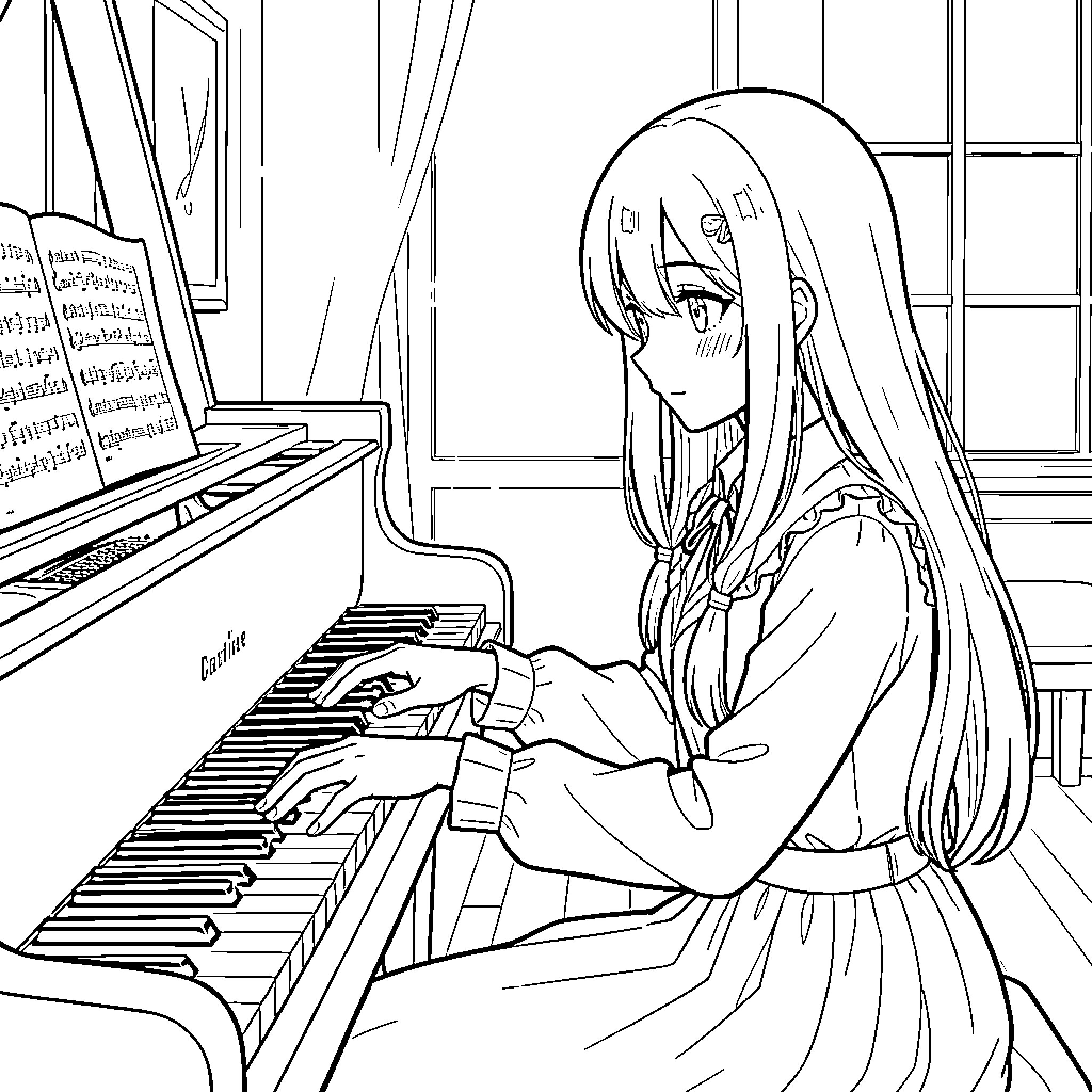Kaguya playing the piano in a cozy study Coloring Page (free black-and-white line drawing printable PDF for all, from beginners to advanced learners, including children, teens, adults, and seniors)