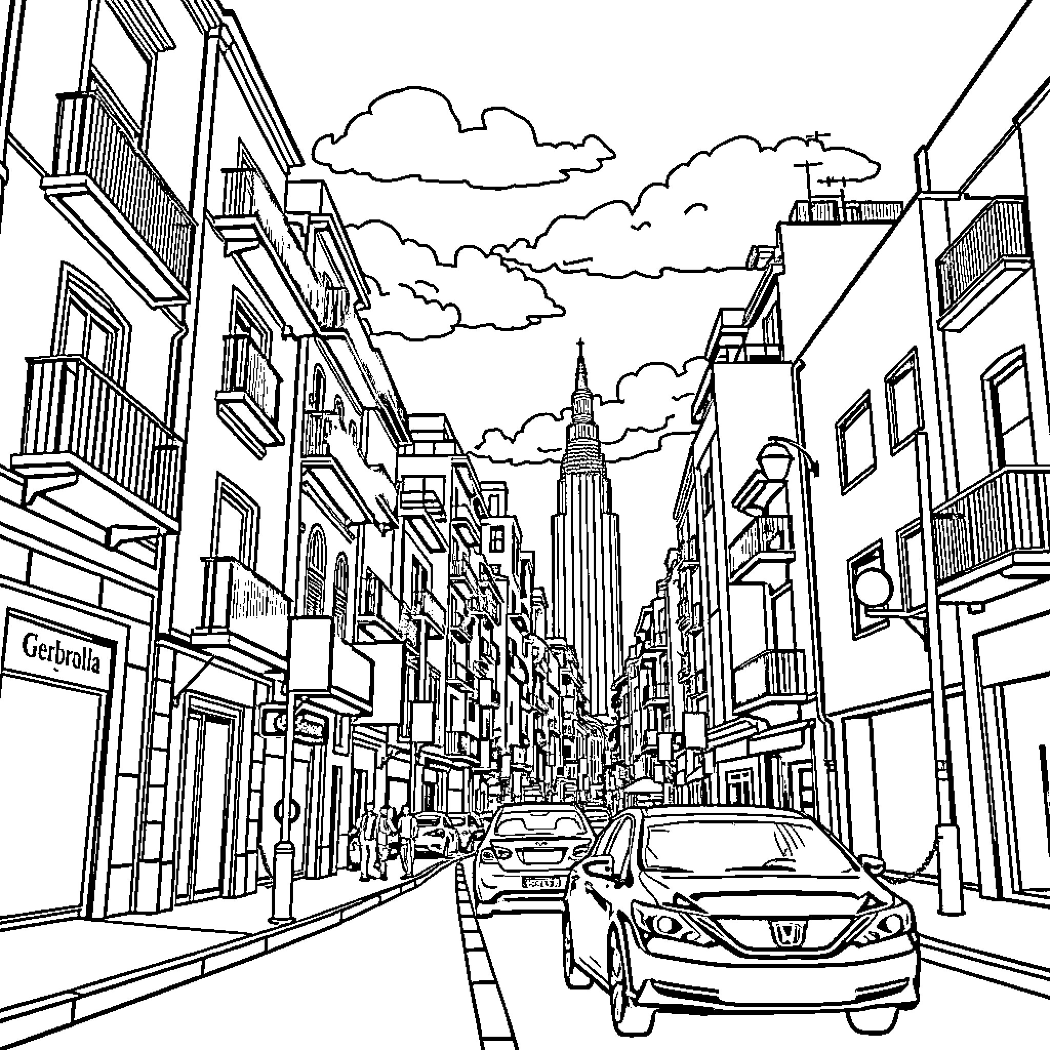 City street with buildings, cars, and cloudy sky Coloring Page (free black-and-white line drawing printable PDF for all, from beginners to advanced learners, including children, teens, adults, and seniors)