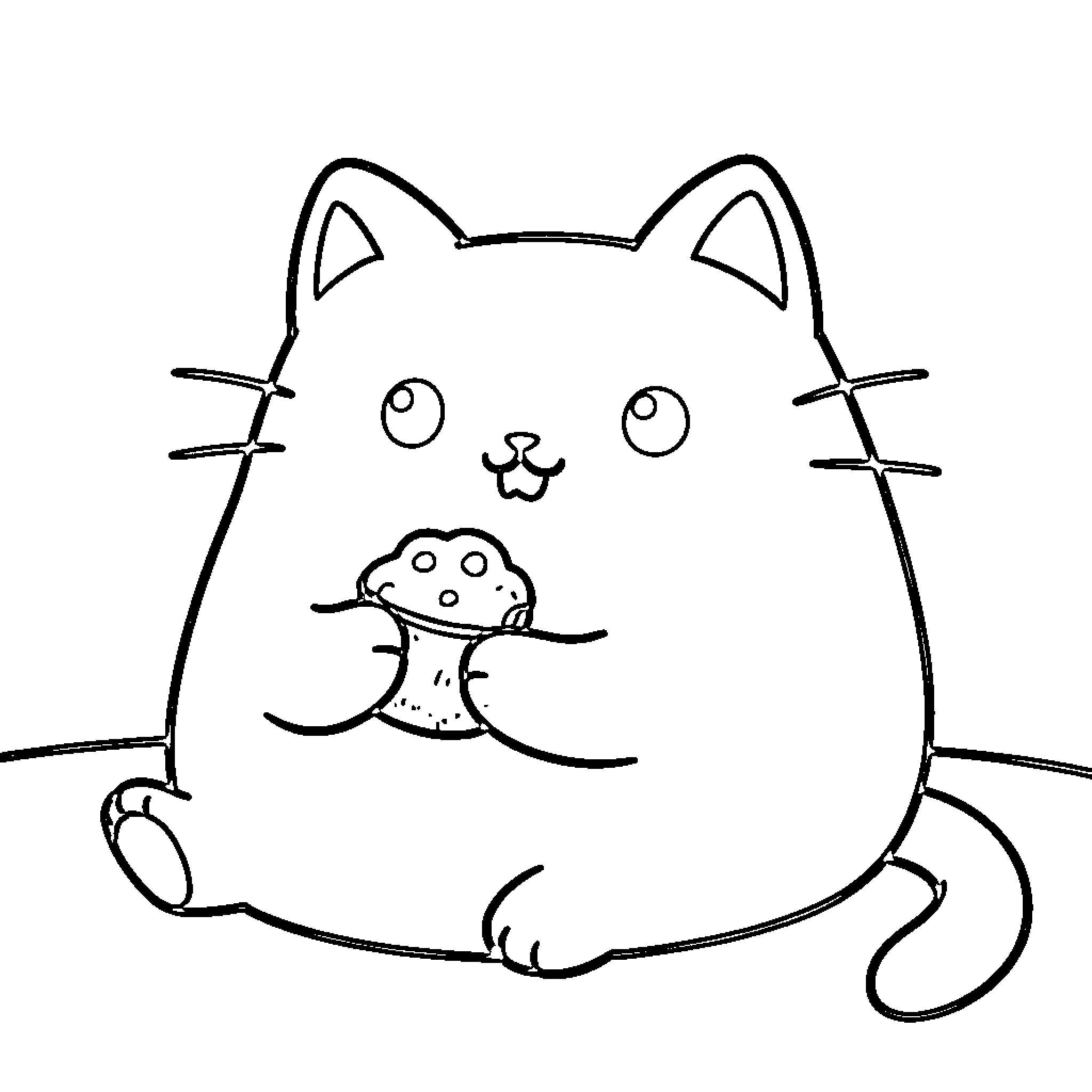 Pusheen eating a delicious cupcake happily Coloring Page (free black-and-white line drawing printable PDF for all, from beginners to advanced learners, including children, teens, adults, and seniors)