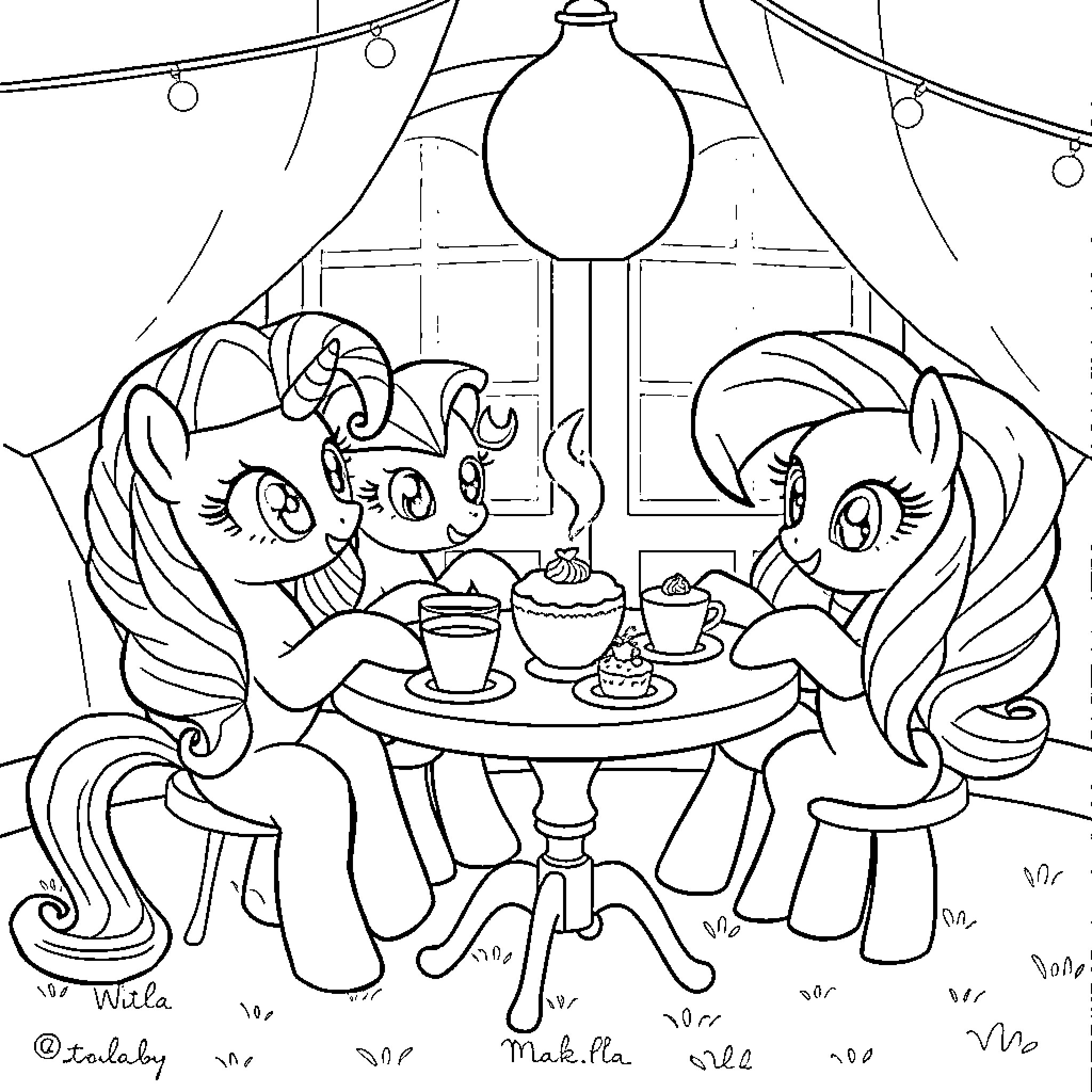 Pony friends enjoying a cozy cafe scene Coloring Page (free black-and-white line drawing printable PDF for all, from beginners to advanced learners, including children, teens, adults, and seniors)