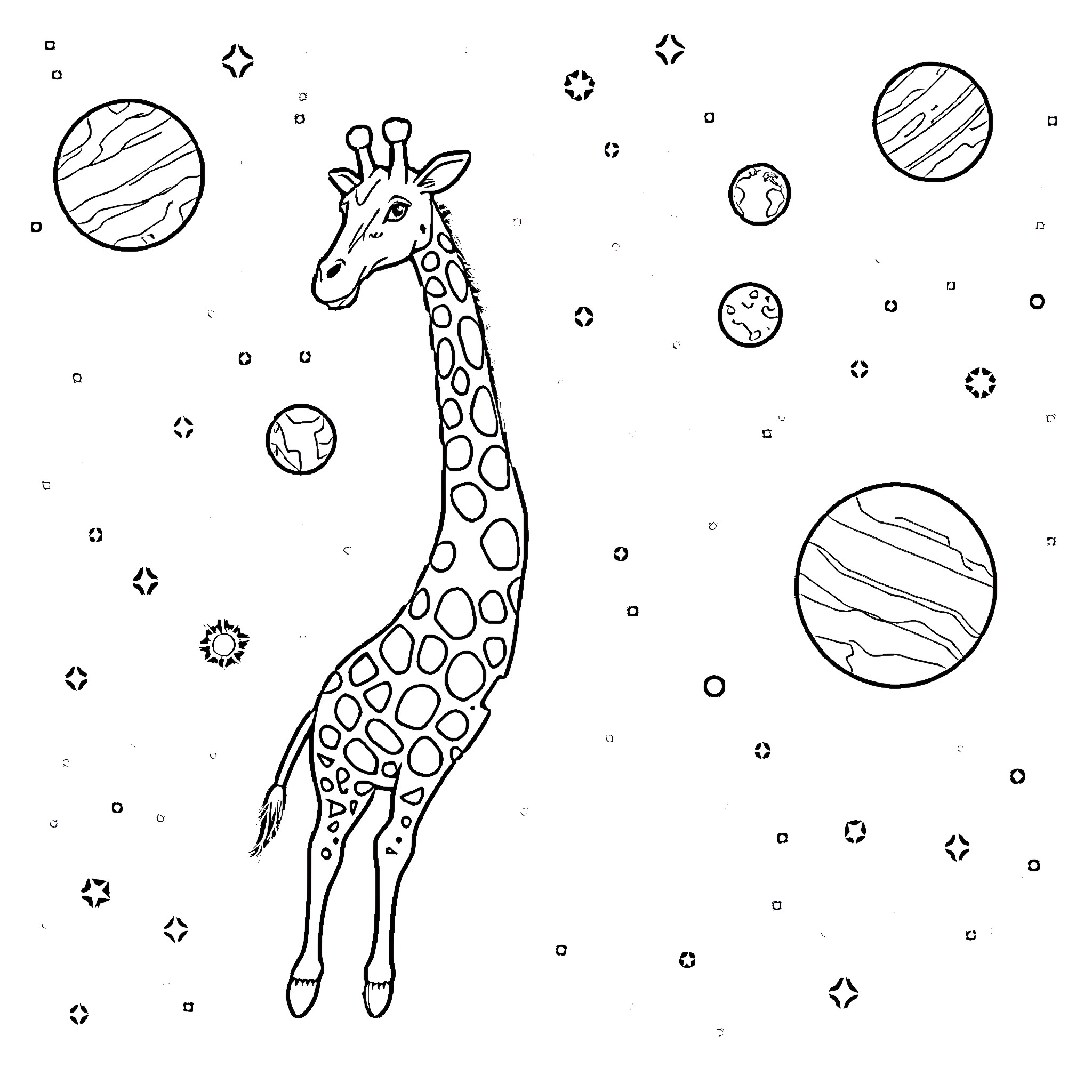 Giraffe among planets and stars Coloring Page (free black-and-white line drawing printable PDF for all, from beginners to advanced learners, including children, teens, adults, and seniors)