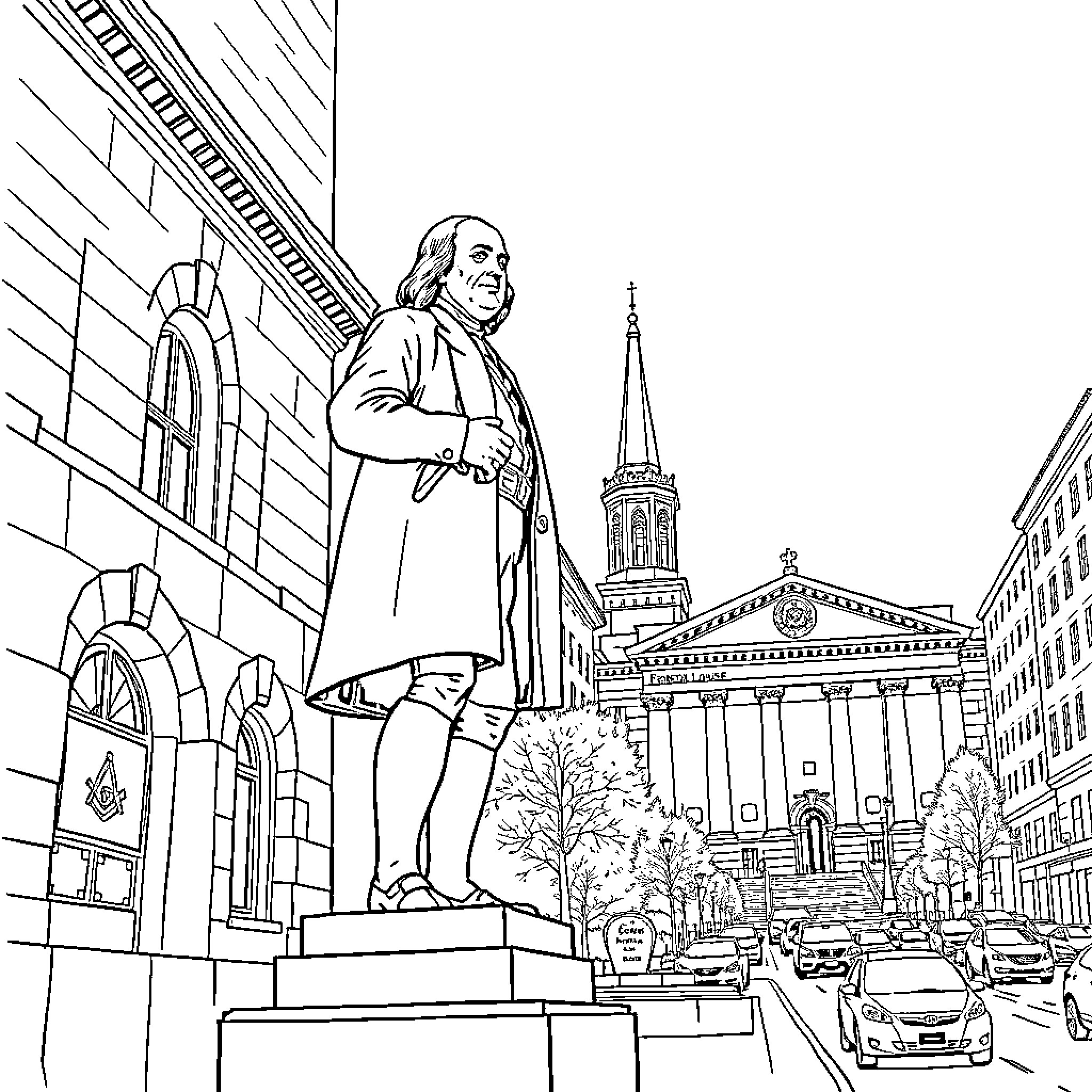 Benjamin Franklin Statue in Front of Historical Buildings Coloring Page (free black-and-white line drawing printable PDF for all, from beginners to advanced learners, including children, teens, adults, and seniors)