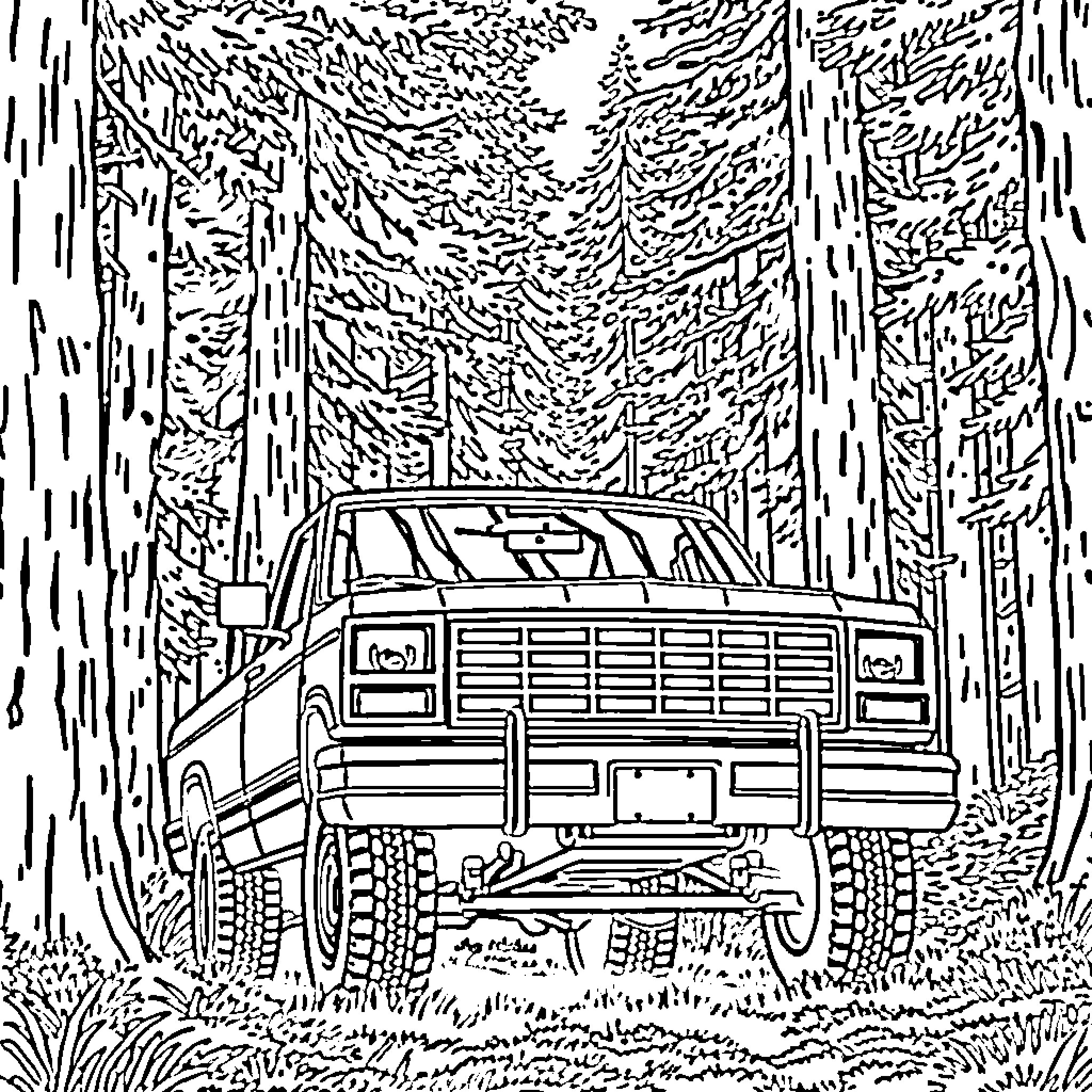 Ford Pickup Truck Driving Through Forested Landscape Coloring Page (free black-and-white line drawing printable PDF for all, from beginners to advanced learners, including children, teens, adults, and seniors)