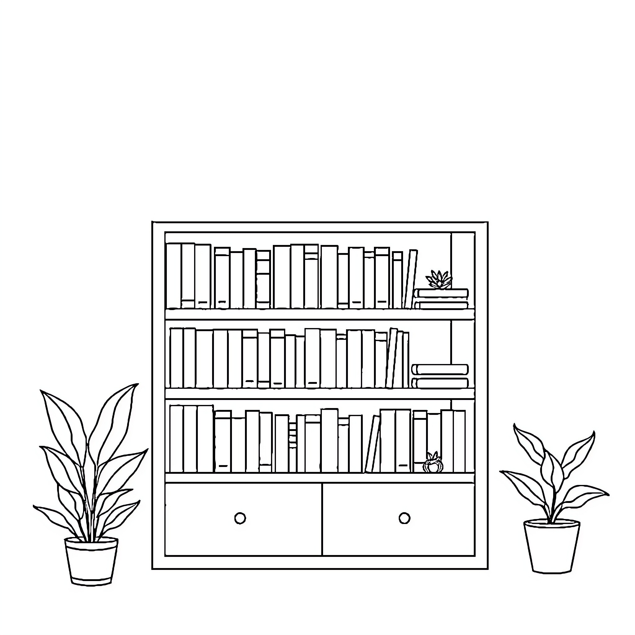 Bookshelf with plants and books Coloring Page (free black-and-white line drawing printable PDF for all, from beginners to advanced learners, including children, teens, adults, and seniors)