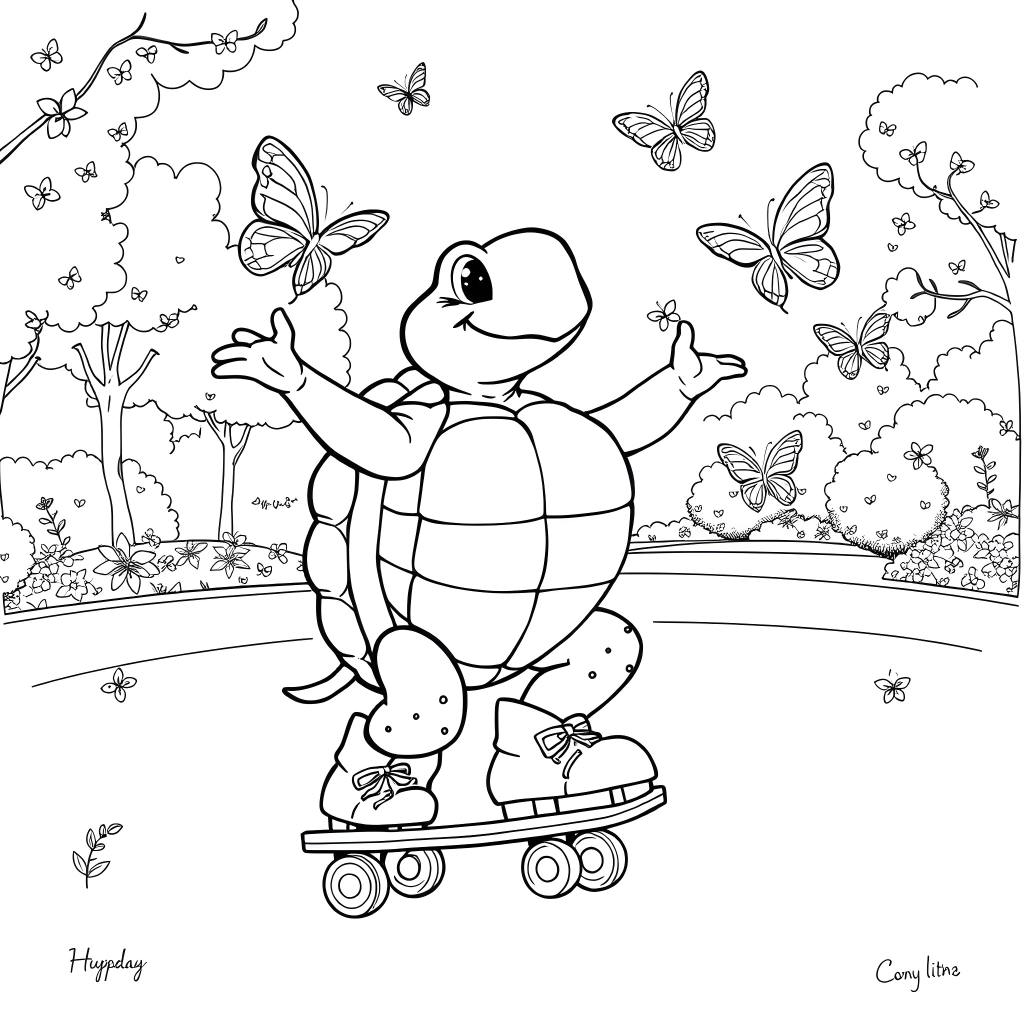 Turtle enjoying a ride on a skateboard with butterflies Coloring Page (free black-and-white line drawing printable PDF for all, from beginners to advanced learners, including children, teens, adults, and seniors)