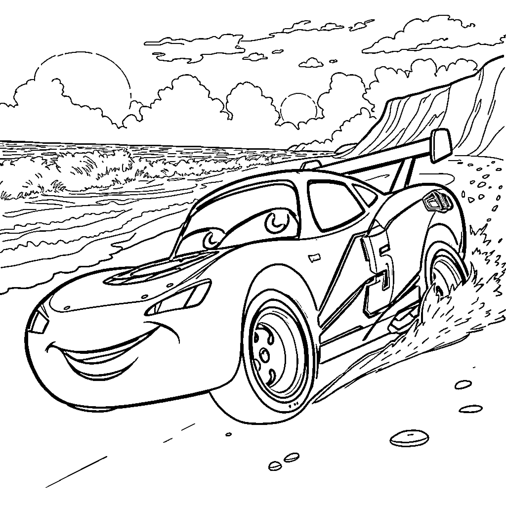 Lightning McQueen Racing Through the Storm Coloring Page (free black-and-white line drawing printable PDF for all, from beginners to advanced learners, including children, teens, adults, and seniors)