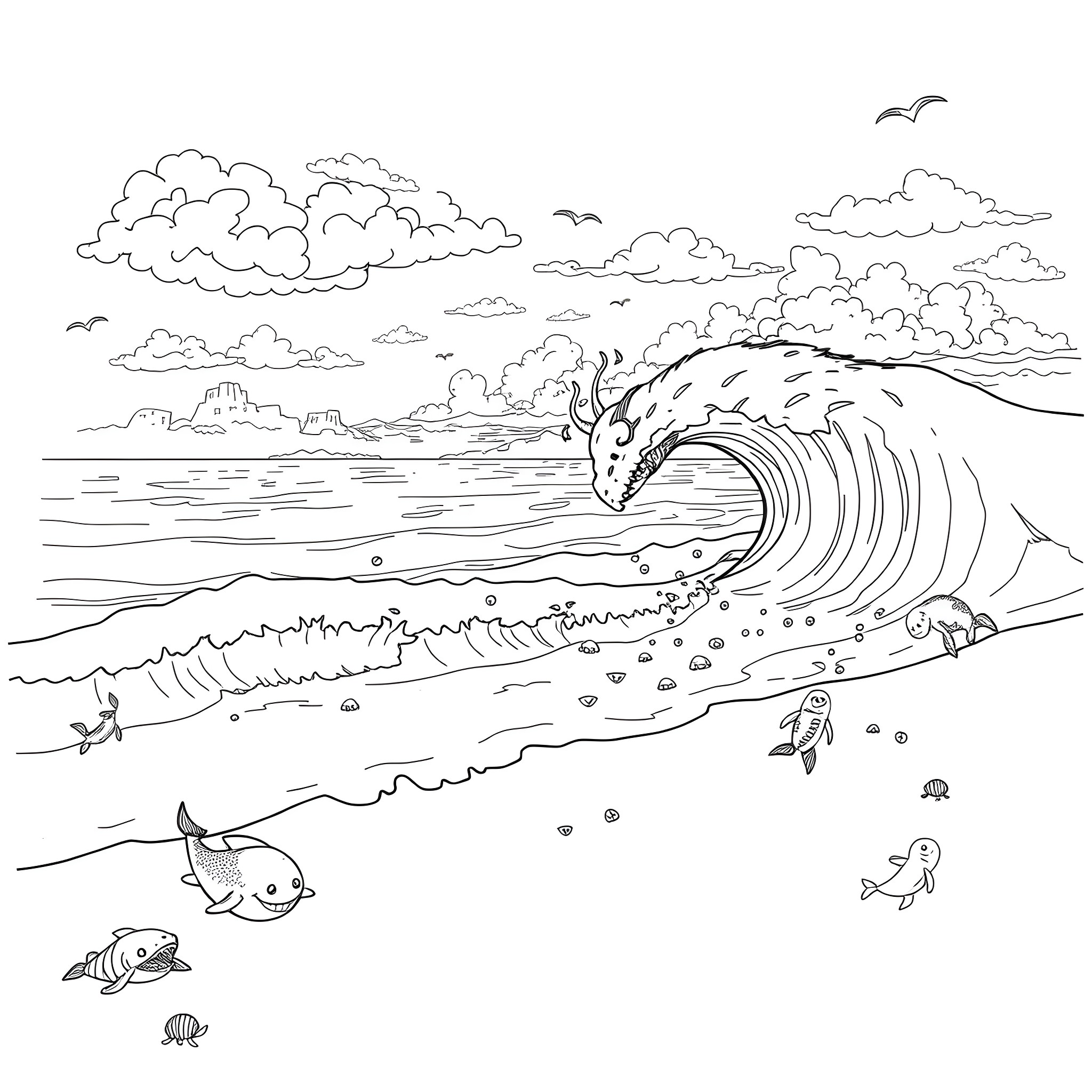 Nature's Powerful Ocean Wave Coloring Page (free black-and-white line drawing printable PDF for all, from beginners to advanced learners, including children, teens, adults, and seniors)