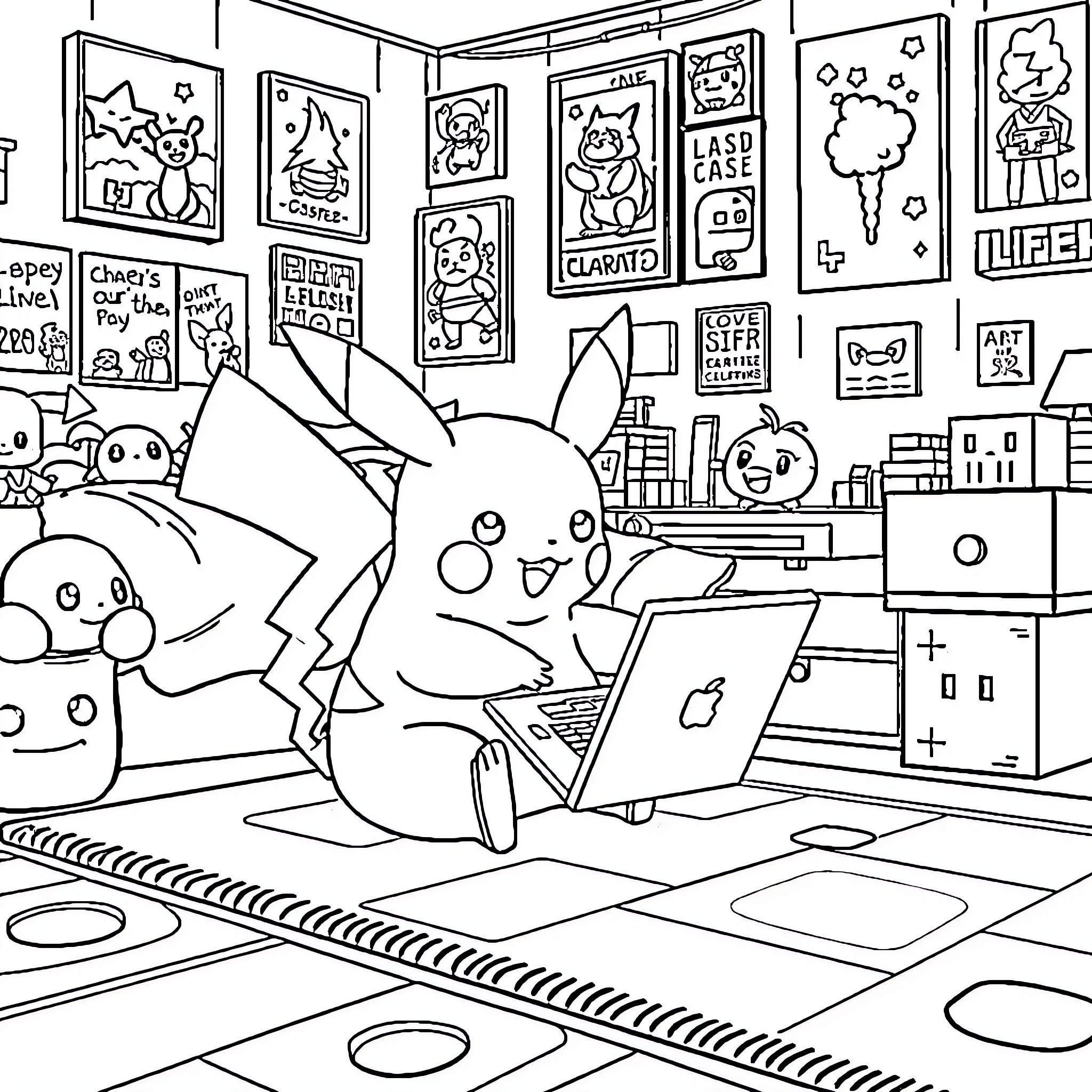 Pikachu working diligently on a laptop in a cozy gaming room Coloring Page (free black-and-white line drawing printable PDF for all, from beginners to advanced learners, including children, teens, adults, and seniors)