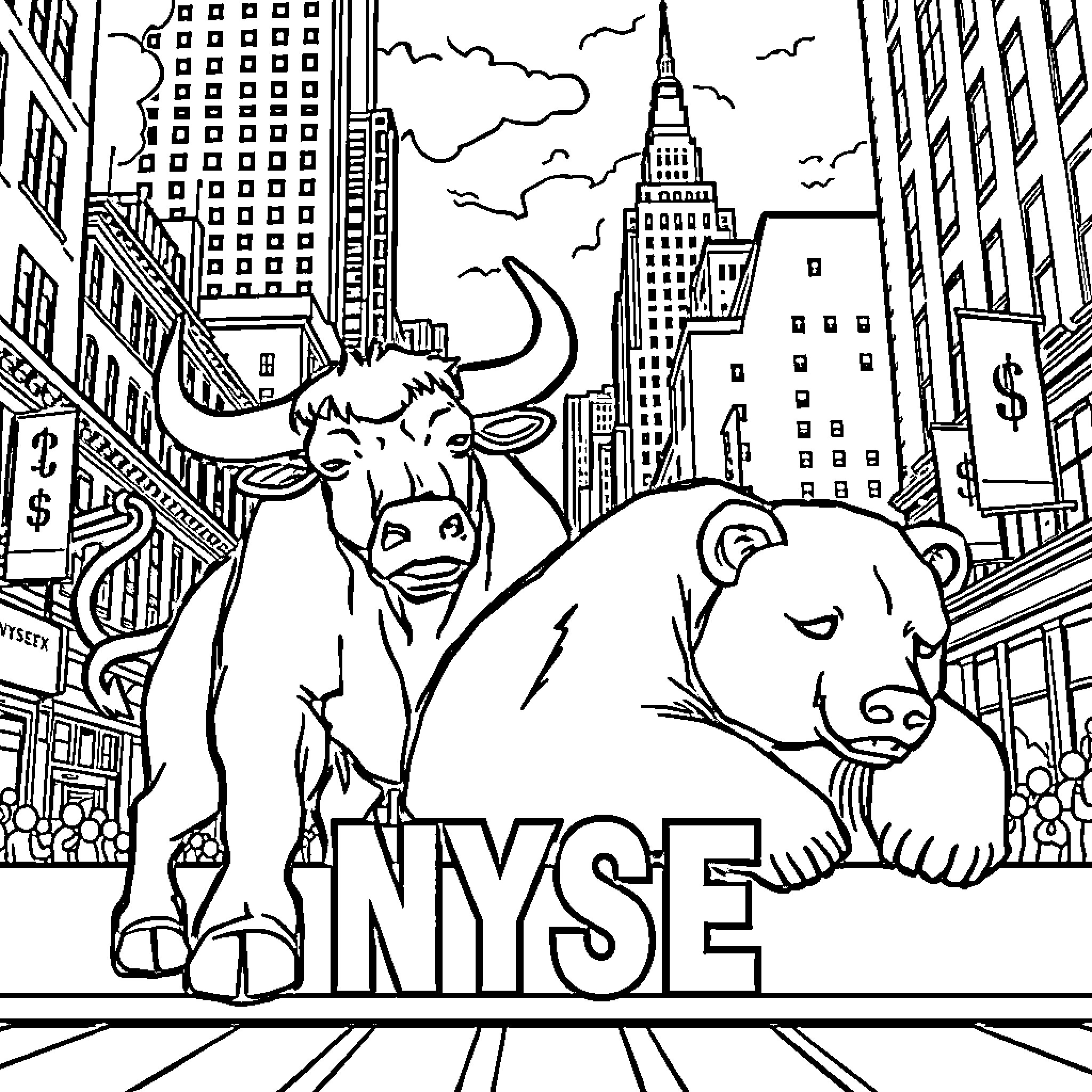 Bull in the Big City: Exploring the NYSE Coloring Page (free black-and-white line drawing printable PDF for all, from beginners to advanced learners, including children, teens, adults, and seniors)