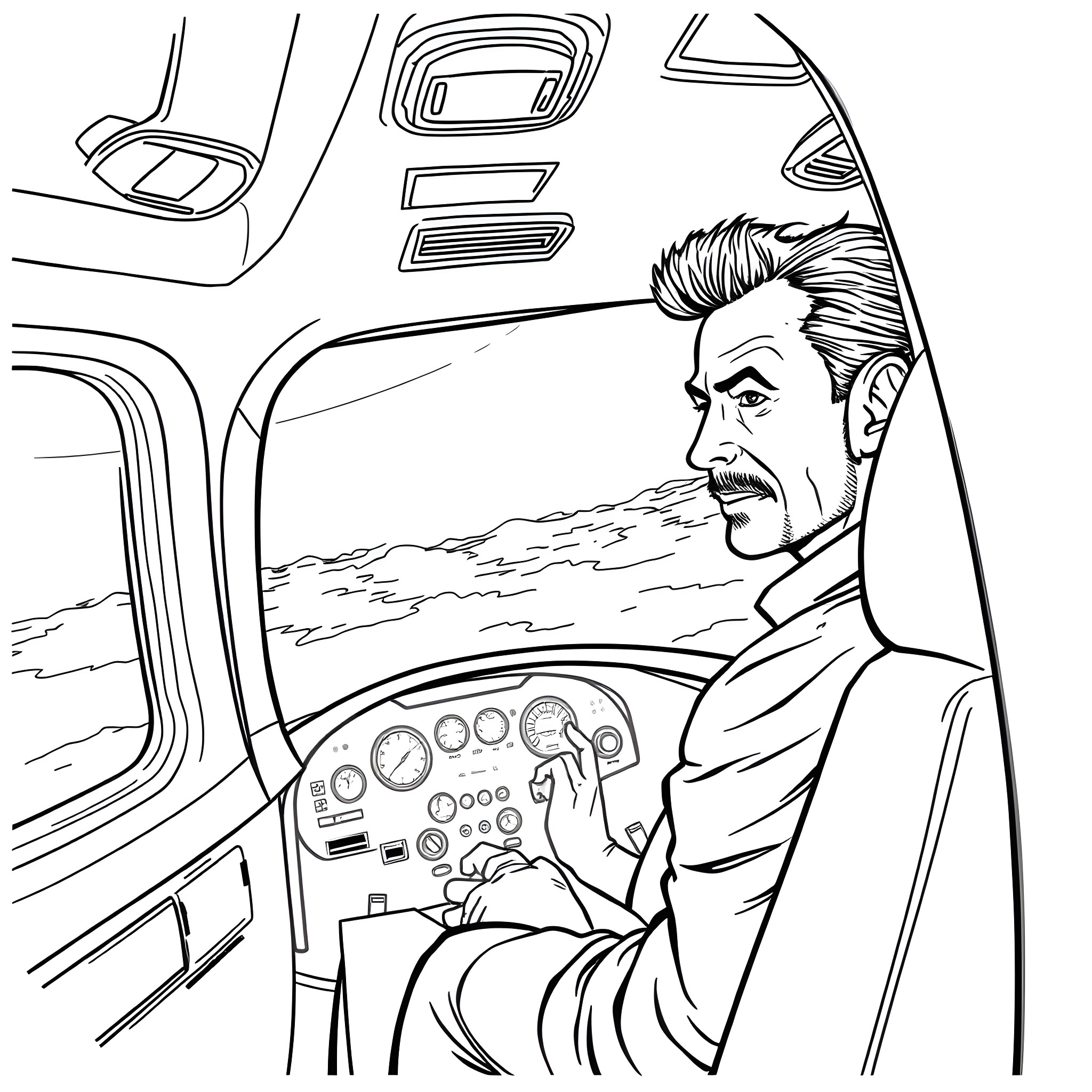 Hugh Jackman driving an airplane in cockpit Coloring Page (free black-and-white line drawing printable PDF for all, from beginners to advanced learners, including children, teens, adults, and seniors)