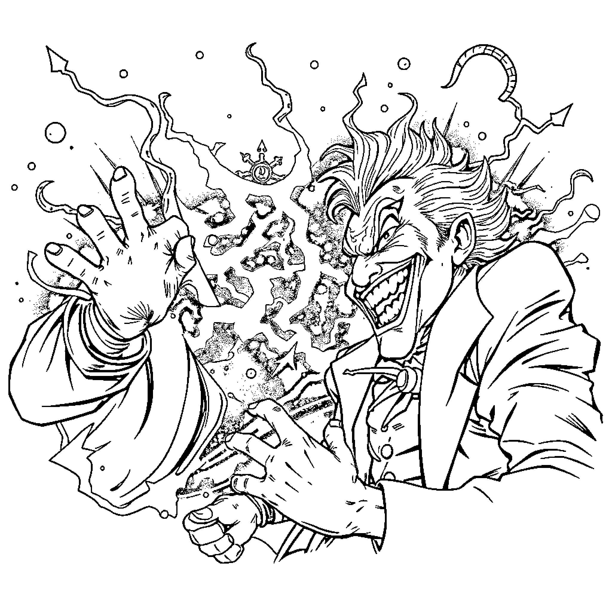 Joker's Chaotic Monologue Coloring Page (free black-and-white line drawing printable PDF for all, from beginners to advanced learners, including children, teens, adults, and seniors)