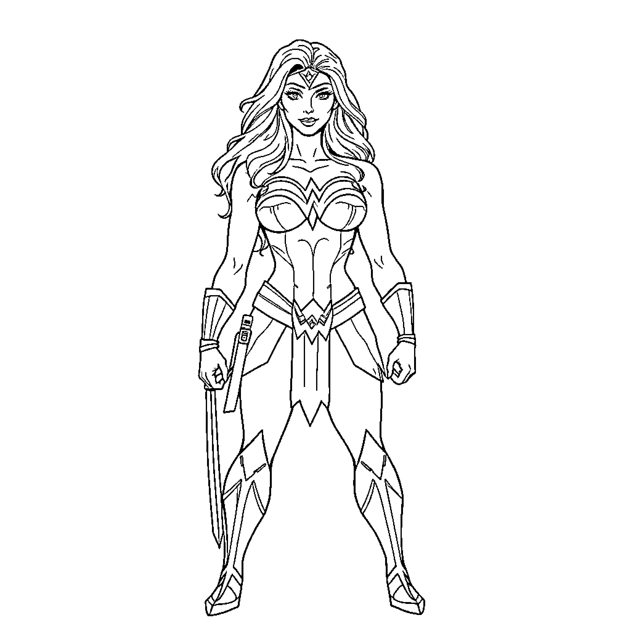Wonder Woman striking a heroic pose Coloring Page (free black-and-white line drawing printable PDF for all, from beginners to advanced learners, including children, teens, adults, and seniors)