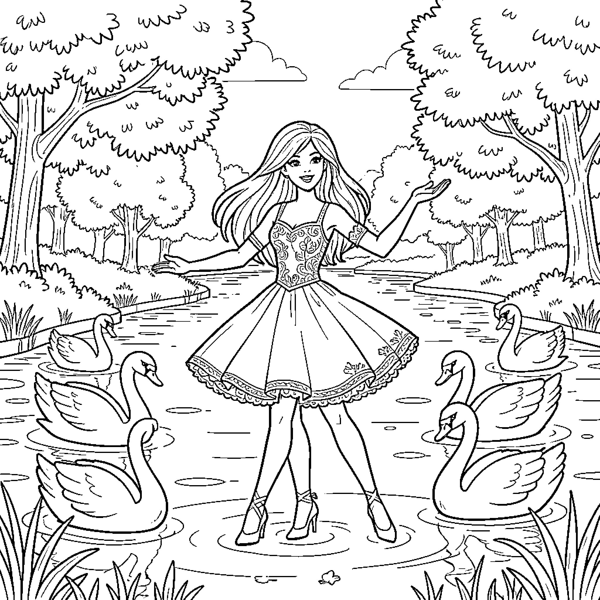 Barbie's Enchanted Forest Adventure Coloring Page (free black-and-white line drawing printable PDF for all, from beginners to advanced learners, including children, teens, adults, and seniors)