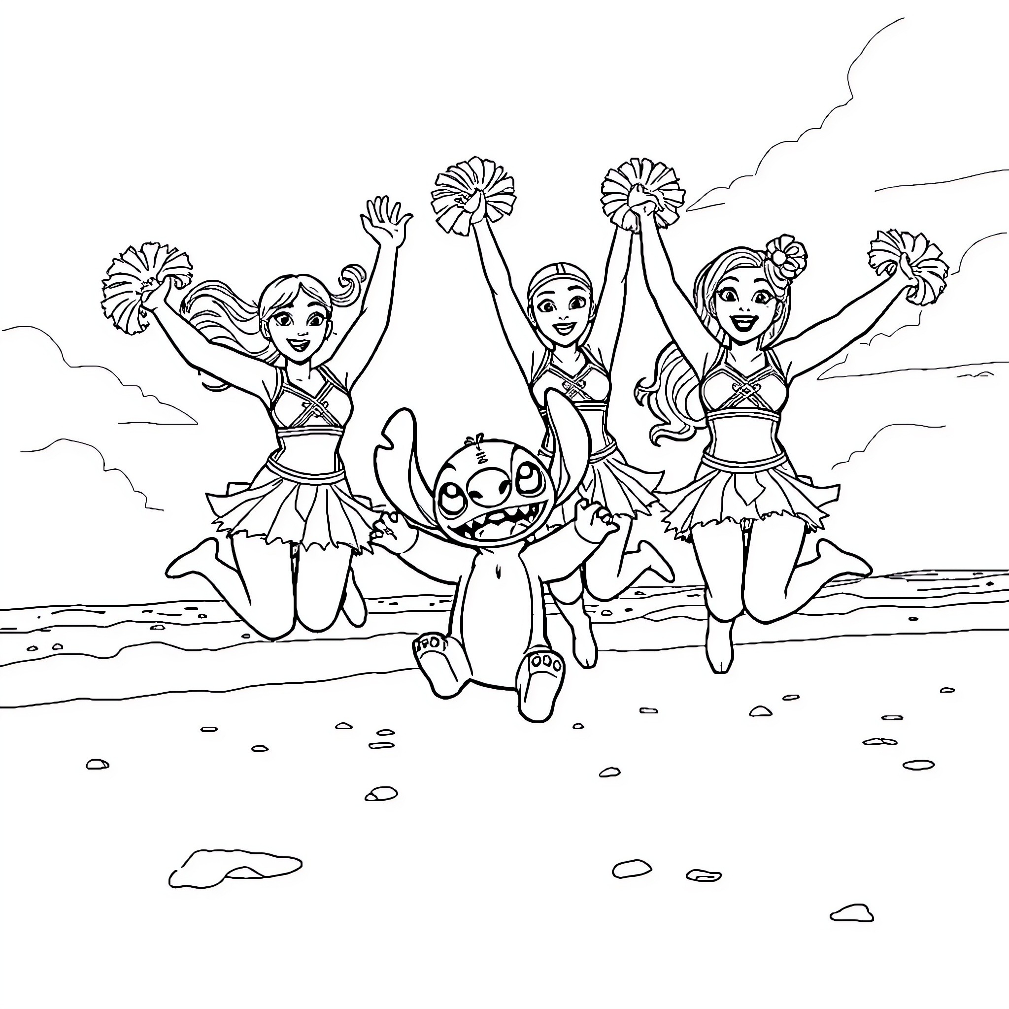 Cheerleaders Performing Energetic Routine on the Beach Coloring Page (free black-and-white line drawing printable PDF for all, from beginners to advanced learners, including children, teens, adults, and seniors)