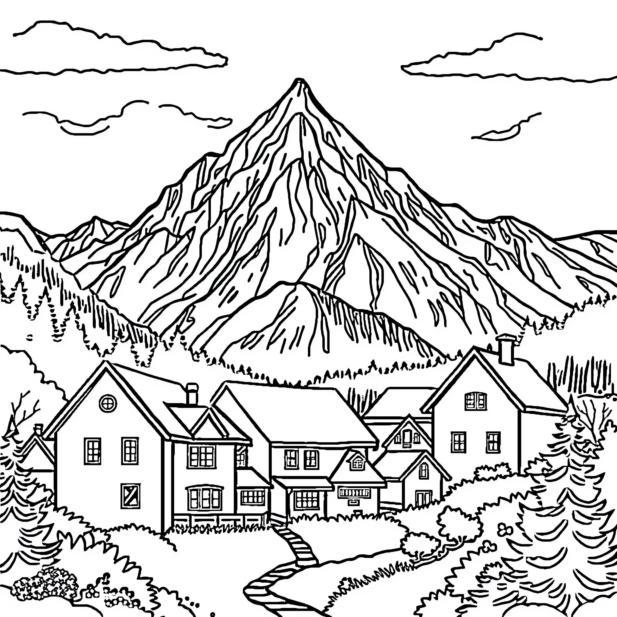 House nestled in scenic mountain landscape Coloring Page (free black-and-white line drawing printable PDF for all, from beginners to advanced learners, including children, teens, adults, and seniors)