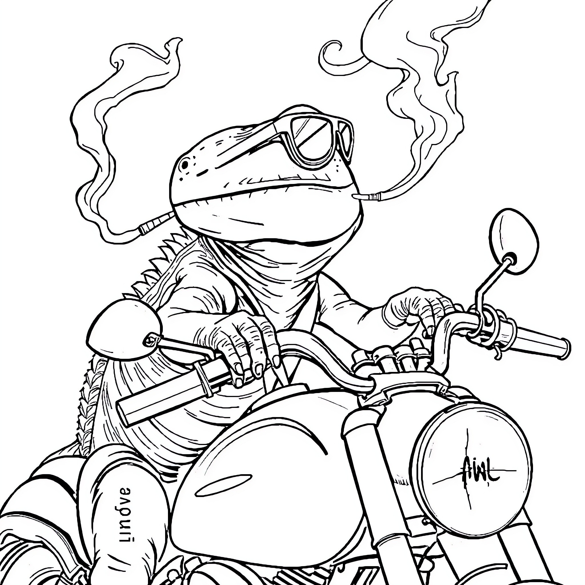 Iguana rider cruising on motorcycle Coloring Page (free black-and-white line drawing printable PDF for all, from beginners to advanced learners, including children, teens, adults, and seniors)