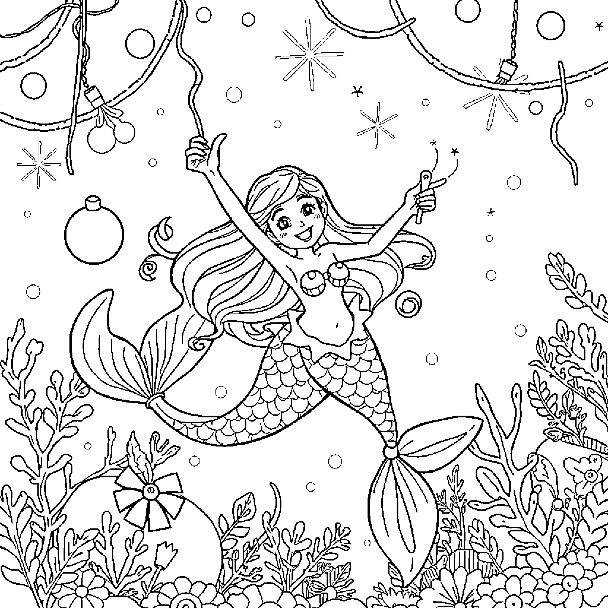 Arielle Splashing Joyfully in Underwater Wonderland Coloring Page (free black-and-white line drawing printable PDF for all, from beginners to advanced learners, including children, teens, adults, and seniors)