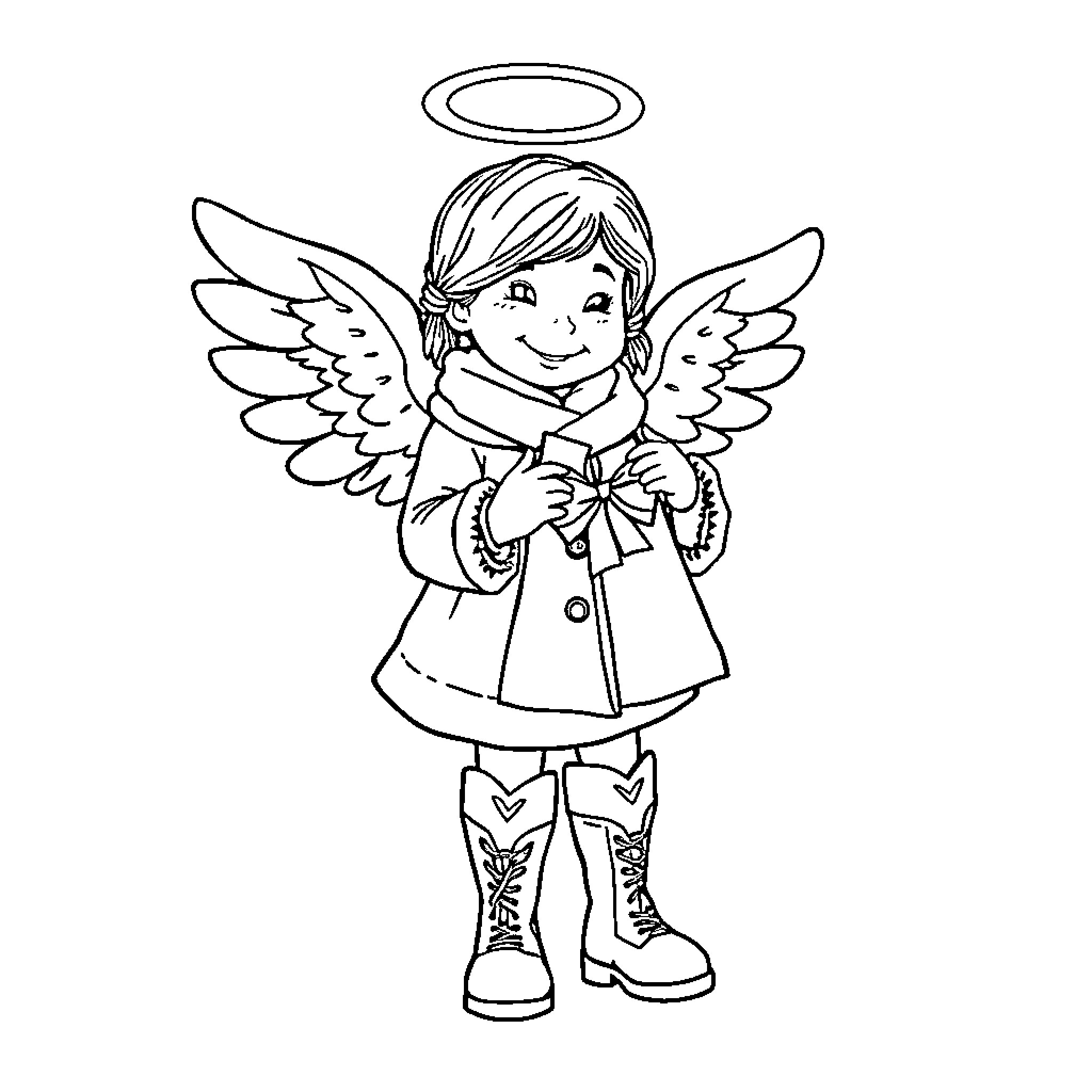Angel Holding a Flower and Wearing a Dress Coloring Page (free black-and-white line drawing printable PDF for all, from beginners to advanced learners, including children, teens, adults, and seniors)