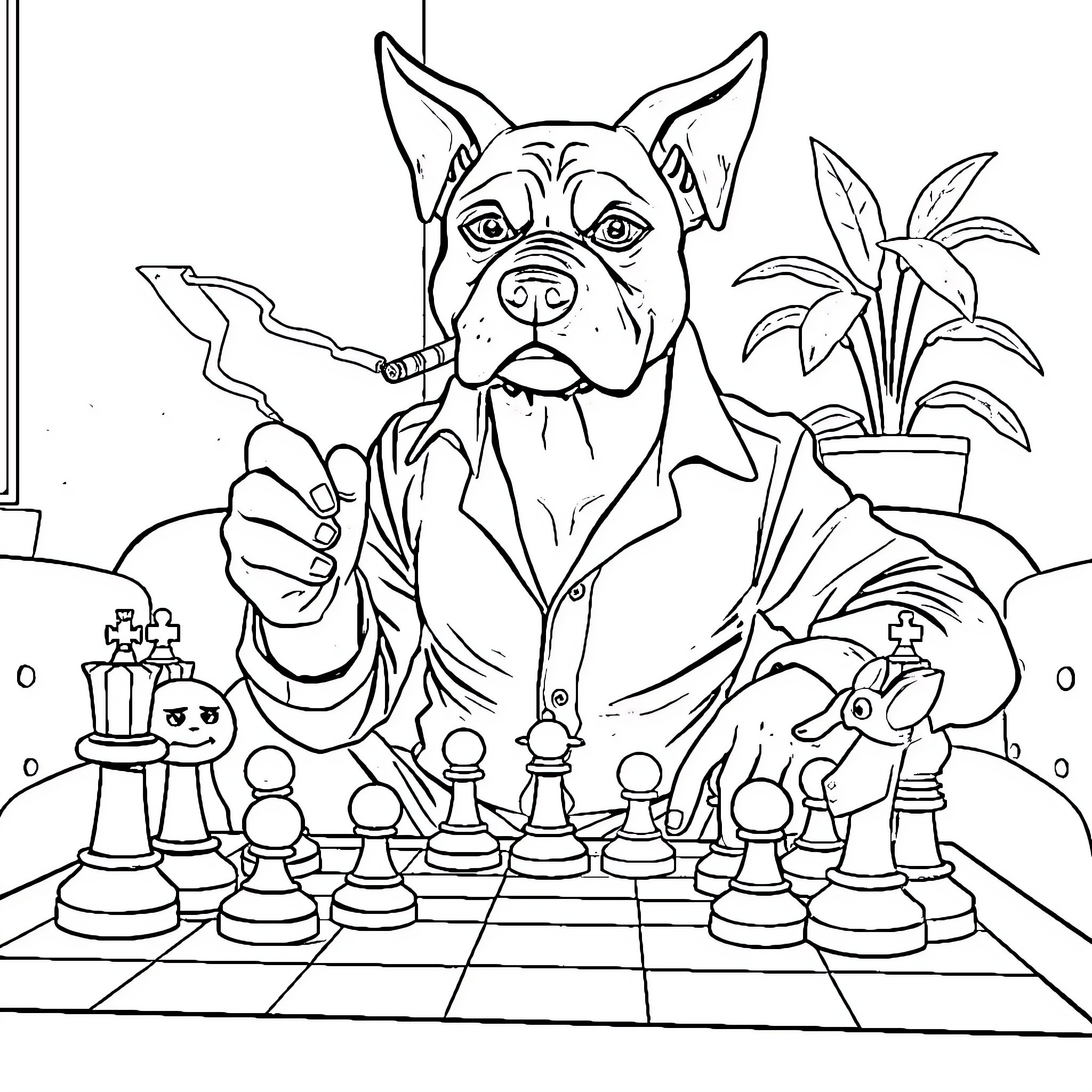 Dog playing chess in a formal office setting Coloring Page (free black-and-white line drawing printable PDF for all, from beginners to advanced learners, including children, teens, adults, and seniors)