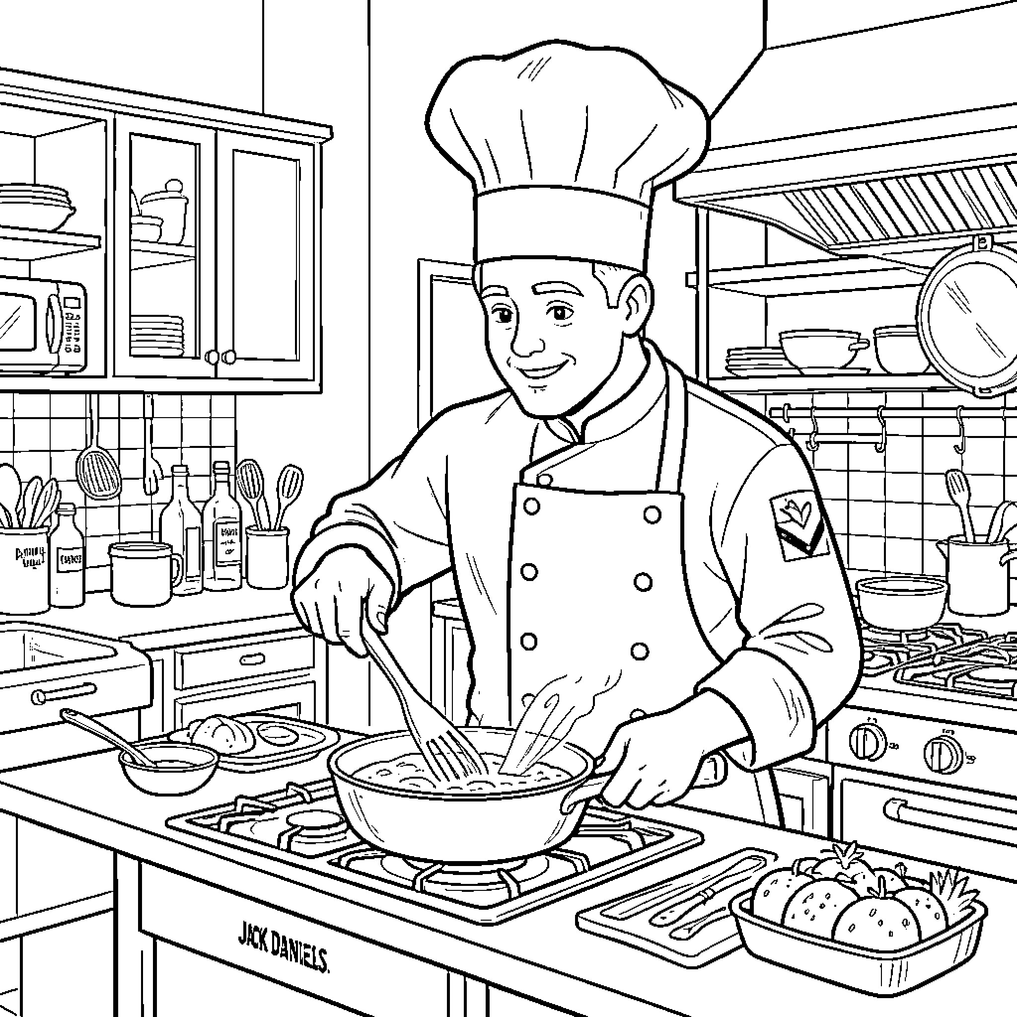 Jack Daniels Chef Cooking Deliciously in the Kitchen Coloring Page (free black-and-white line drawing printable PDF for all, from beginners to advanced learners, including children, teens, adults, and seniors)