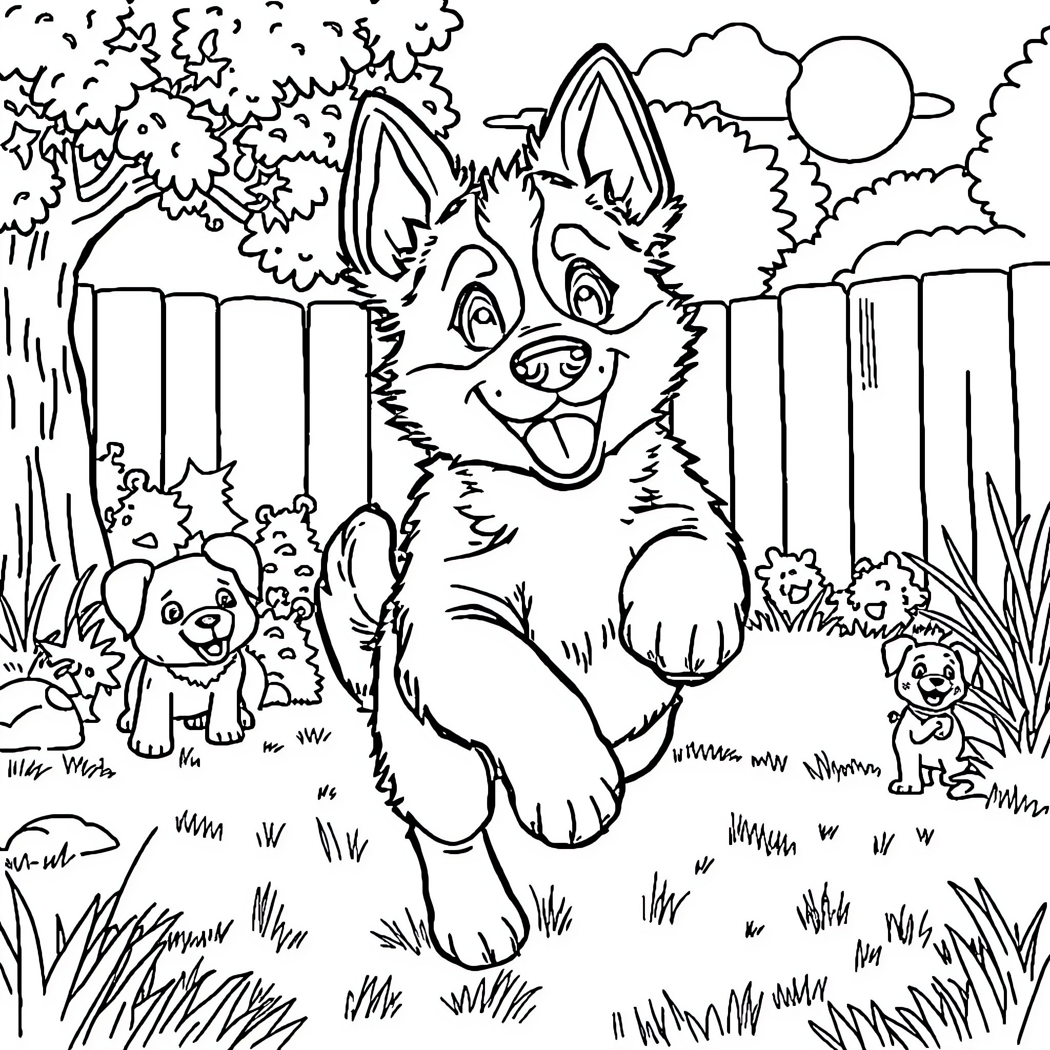 Bluey and puppy friends explore the backyard Coloring Page (free black-and-white line drawing printable PDF for all, from beginners to advanced learners, including children, teens, adults, and seniors)