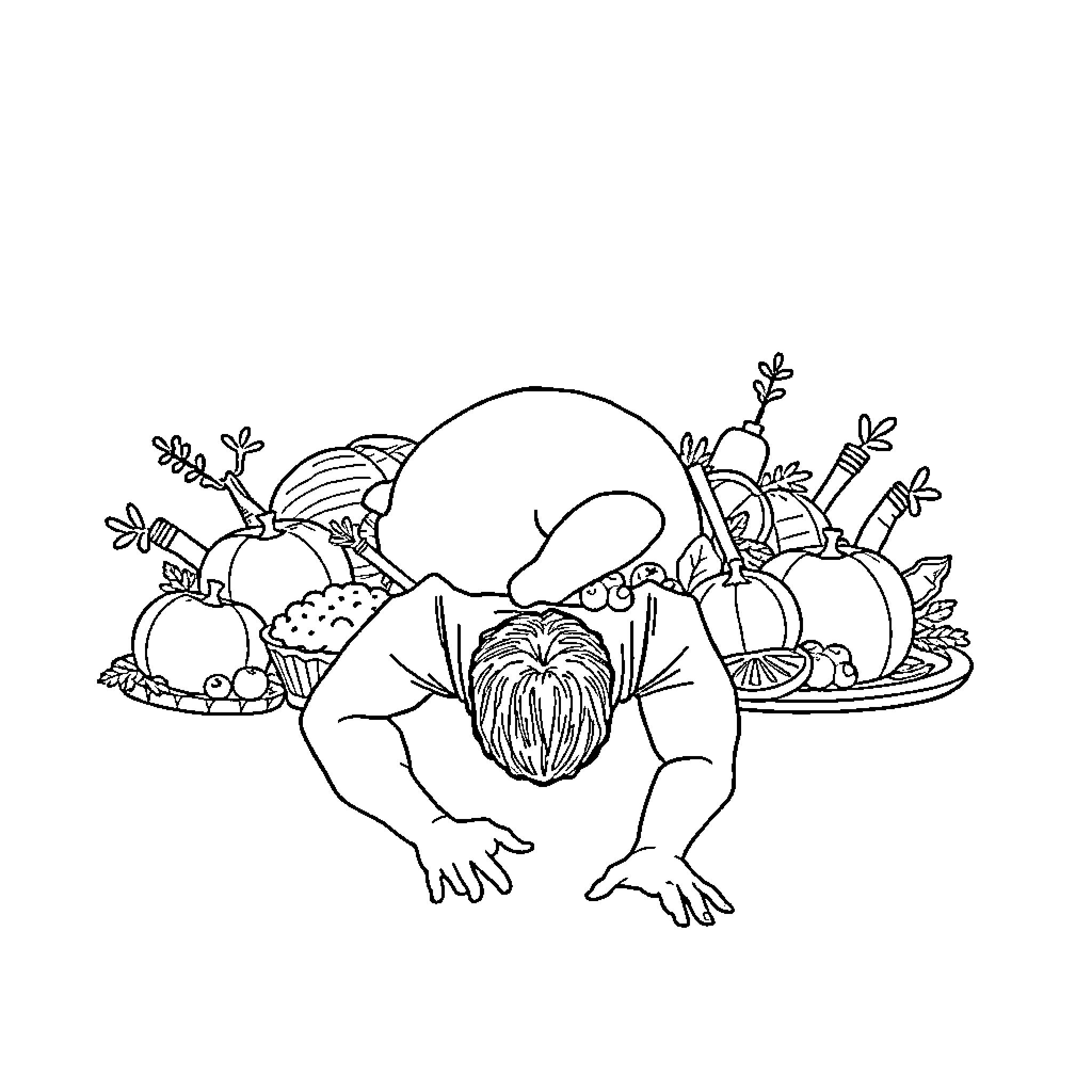 Person stretching and surrounded by healthy fruits Coloring Page (free black-and-white line drawing printable PDF for all, from beginners to advanced learners, including children, teens, adults, and seniors)