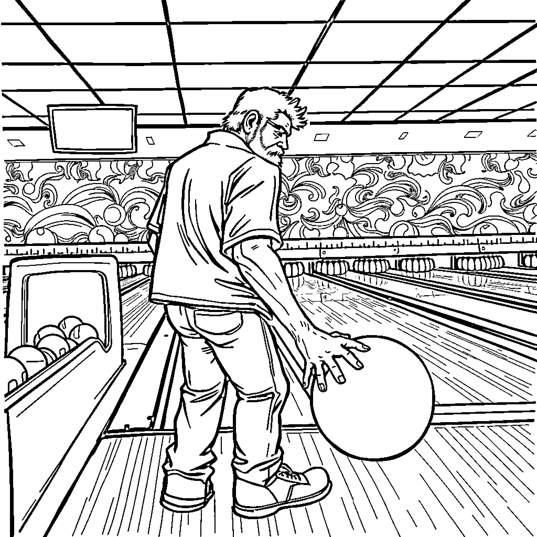 Bowler preparing to roll the ball in bowling alley Coloring Page (free black-and-white line drawing printable PDF for all, from beginners to advanced learners, including children, teens, adults, and seniors)