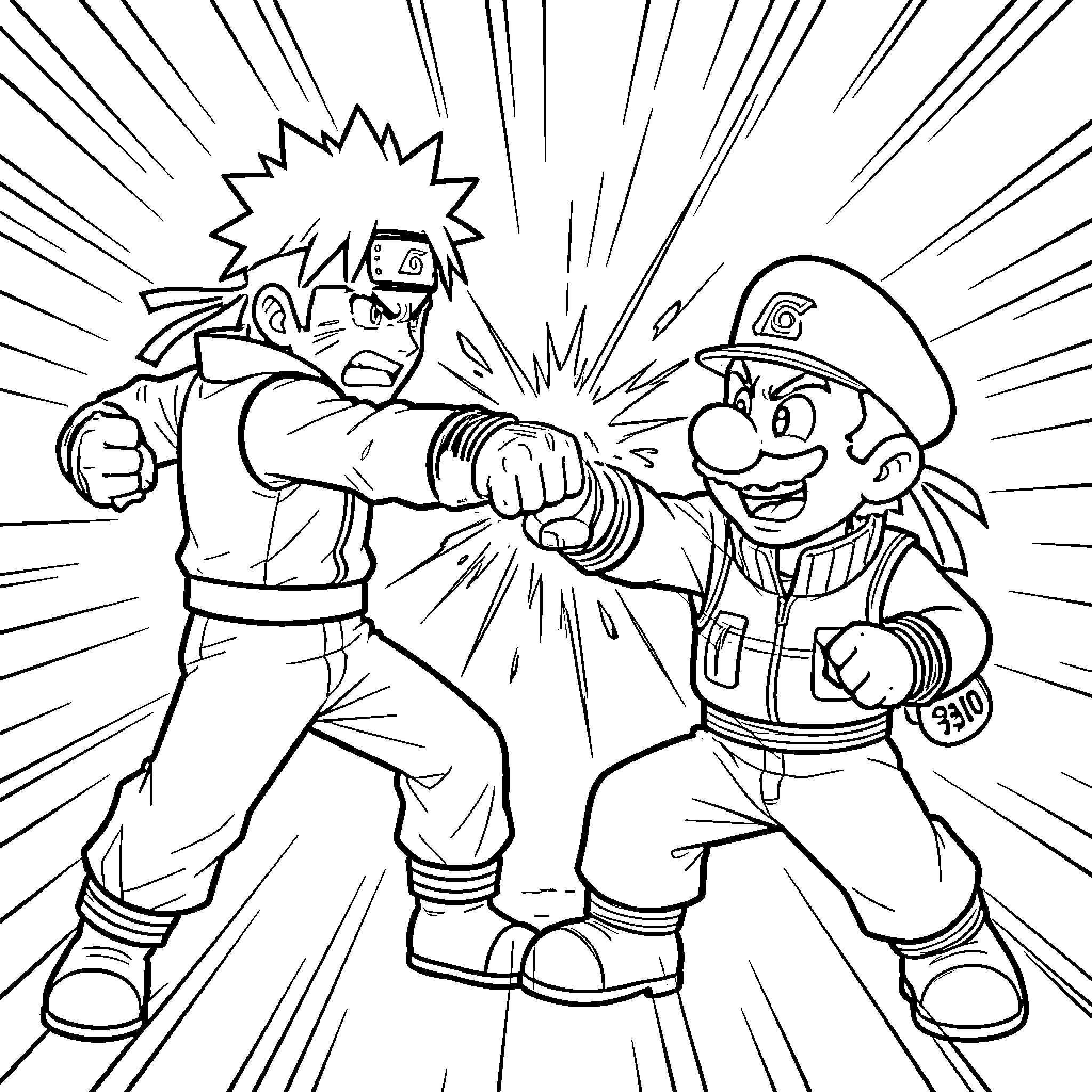 Naruto and Mario engaged in an intense battle Coloring Page (free black-and-white line drawing printable PDF for all, from beginners to advanced learners, including children, teens, adults, and seniors)