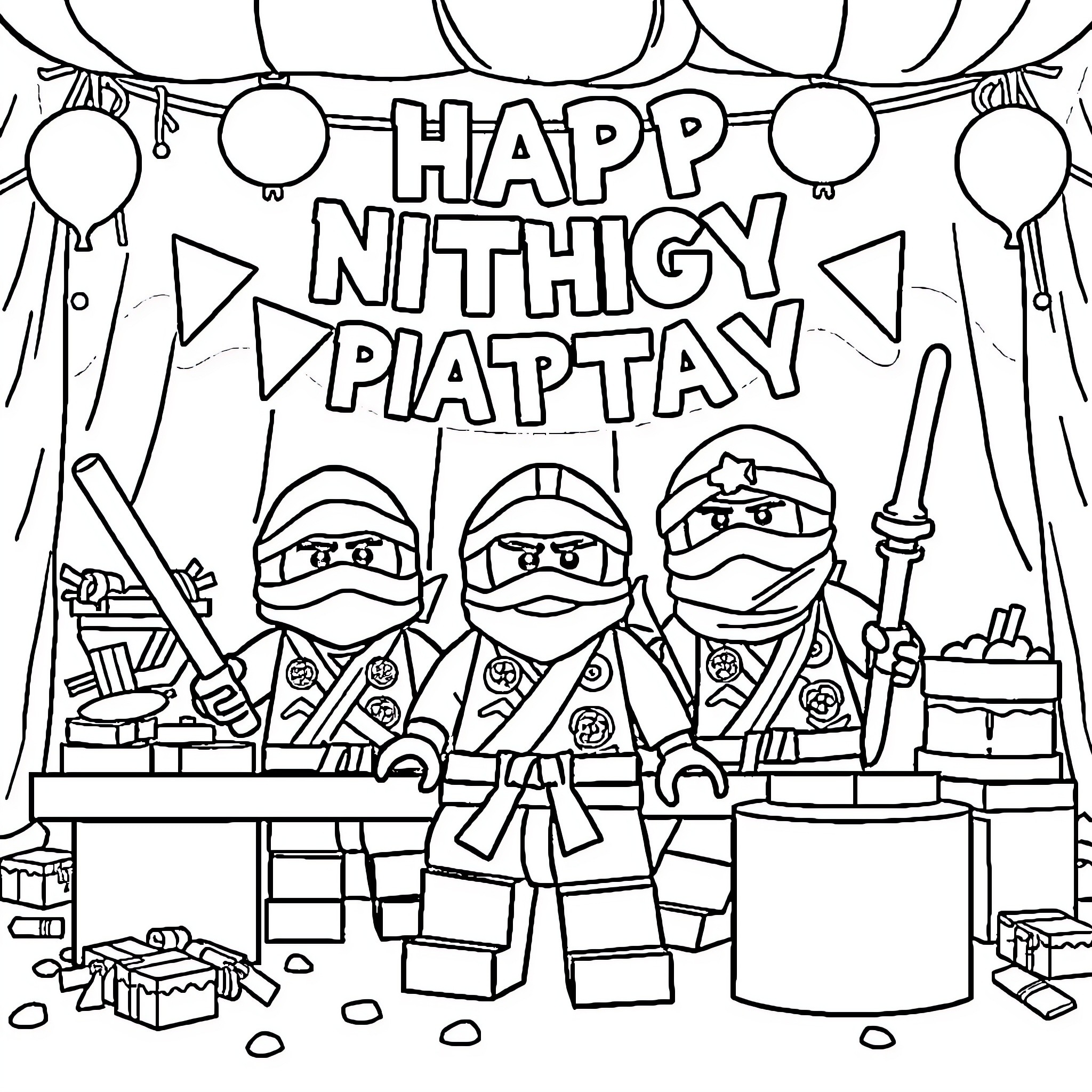 Ninjago characters celebrating Happy Nithigy Piapttay Coloring Page (free black-and-white line drawing printable PDF for all, from beginners to advanced learners, including children, teens, adults, and seniors)