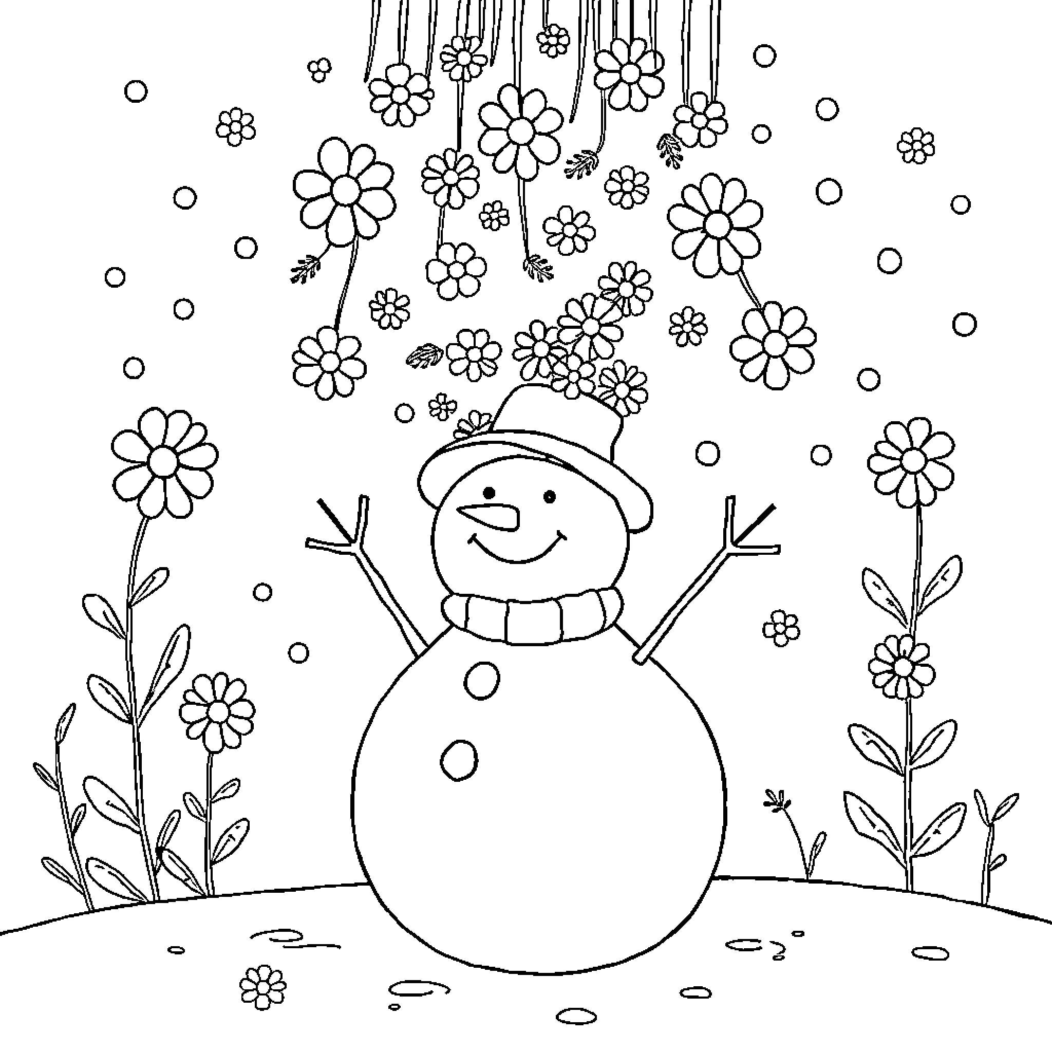Snowman surrounded by blooming flowers and snowfall Coloring Page (free black-and-white line drawing printable PDF for all, from beginners to advanced learners, including children, teens, adults, and seniors)