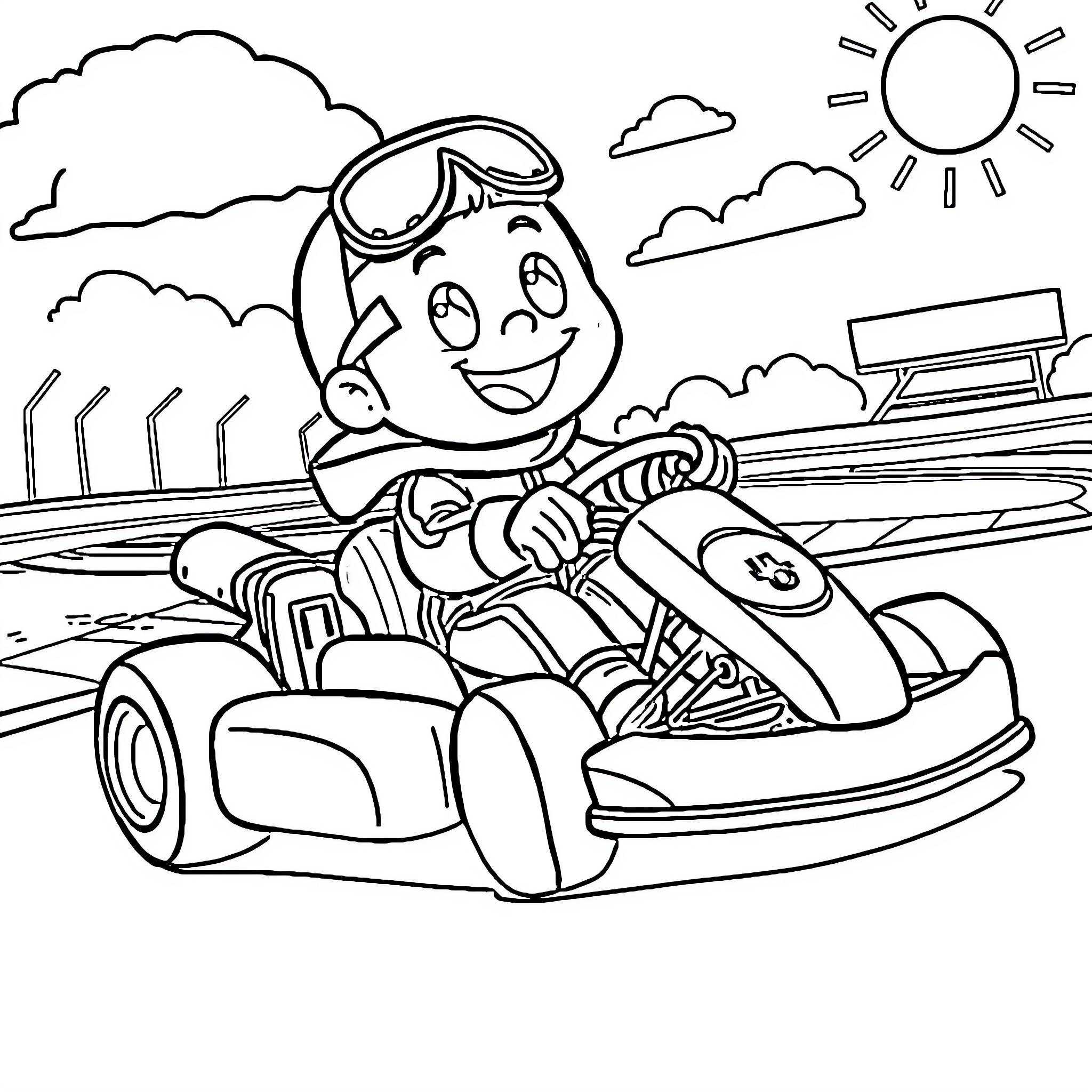 Blippi driving a go-kart on a sunny day Coloring Page (free black-and-white line drawing printable PDF for all, from beginners to advanced learners, including children, teens, adults, and seniors)