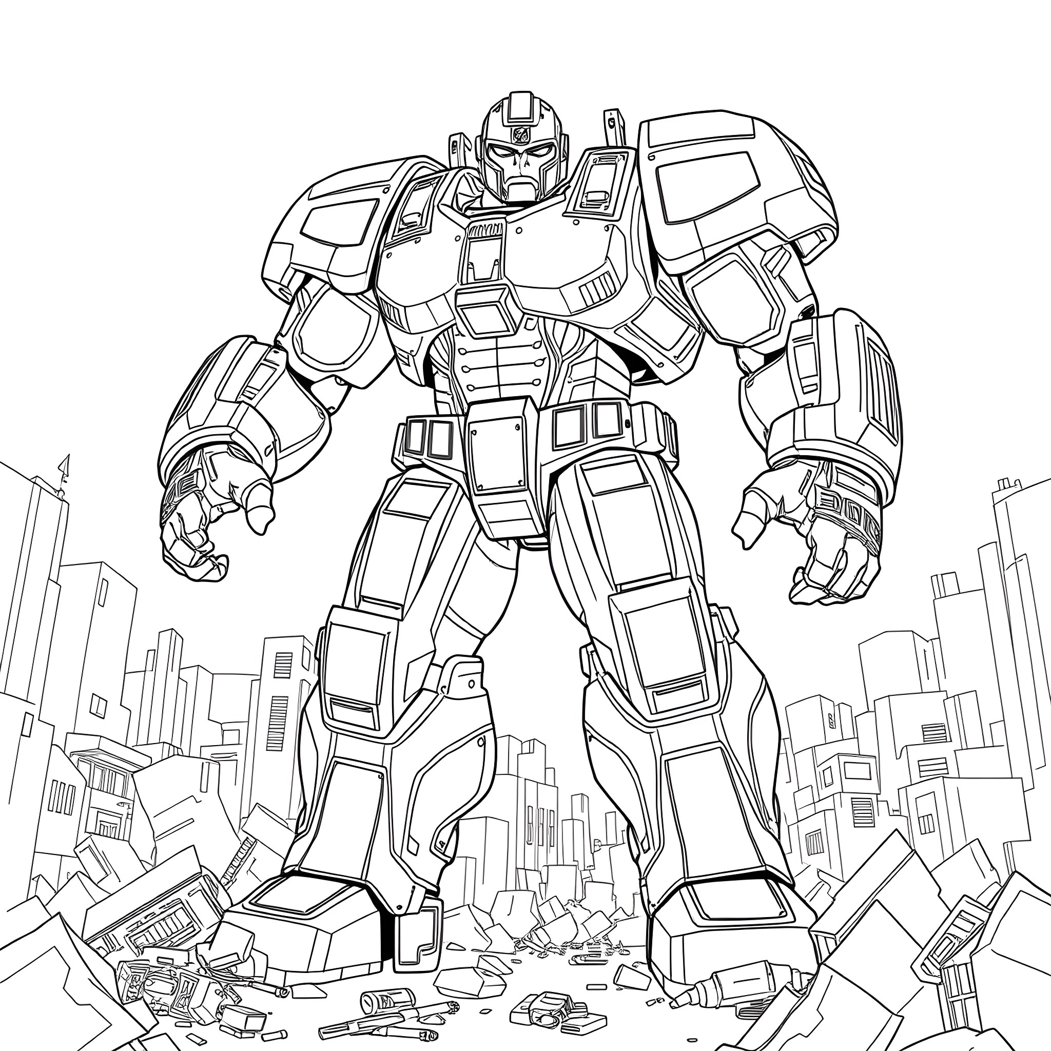 Hulk Buster robot battles in the city Coloring Page (free black-and-white line drawing printable PDF for all, from beginners to advanced learners, including children, teens, adults, and seniors)